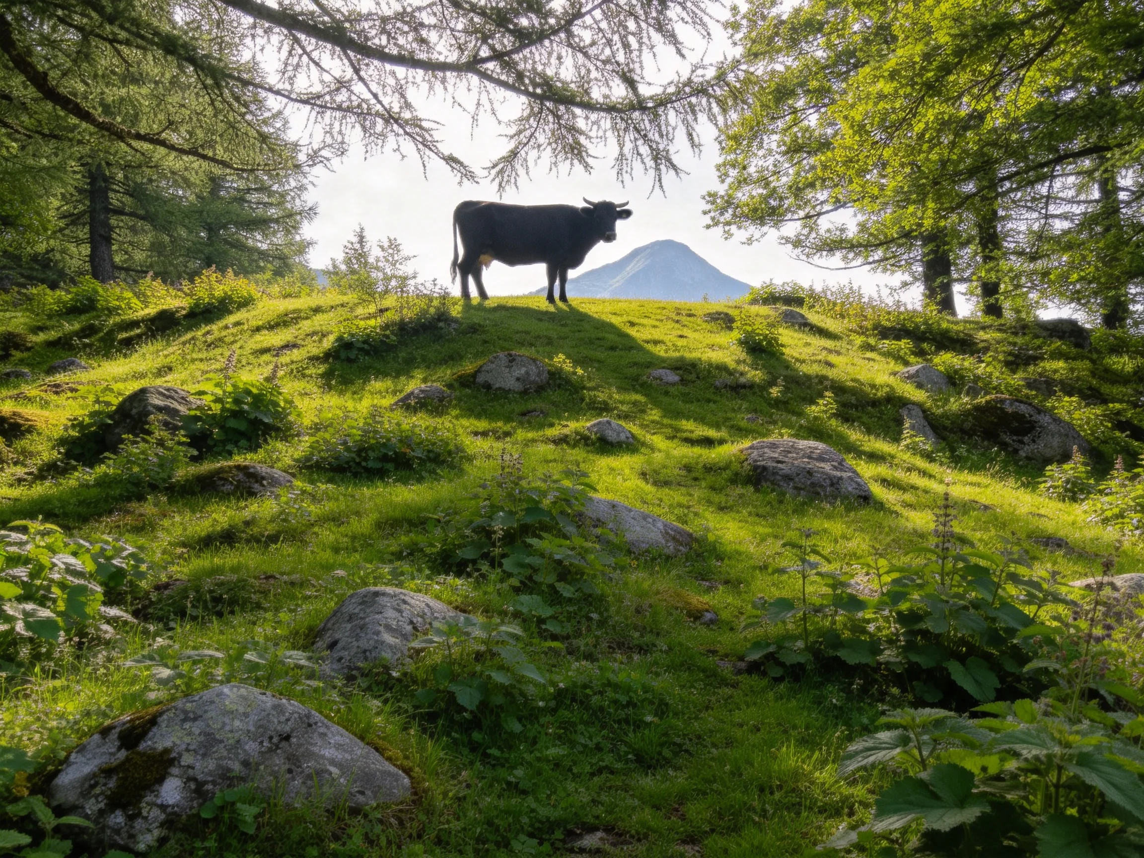 A black cow stands atop a lush green hillside with scattered rocks