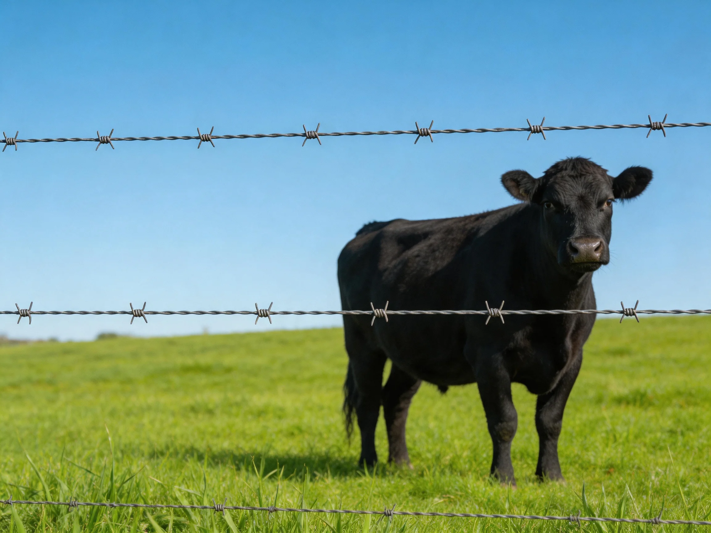 A black cow stands behind two strands of barbed wire in a lush green pasture