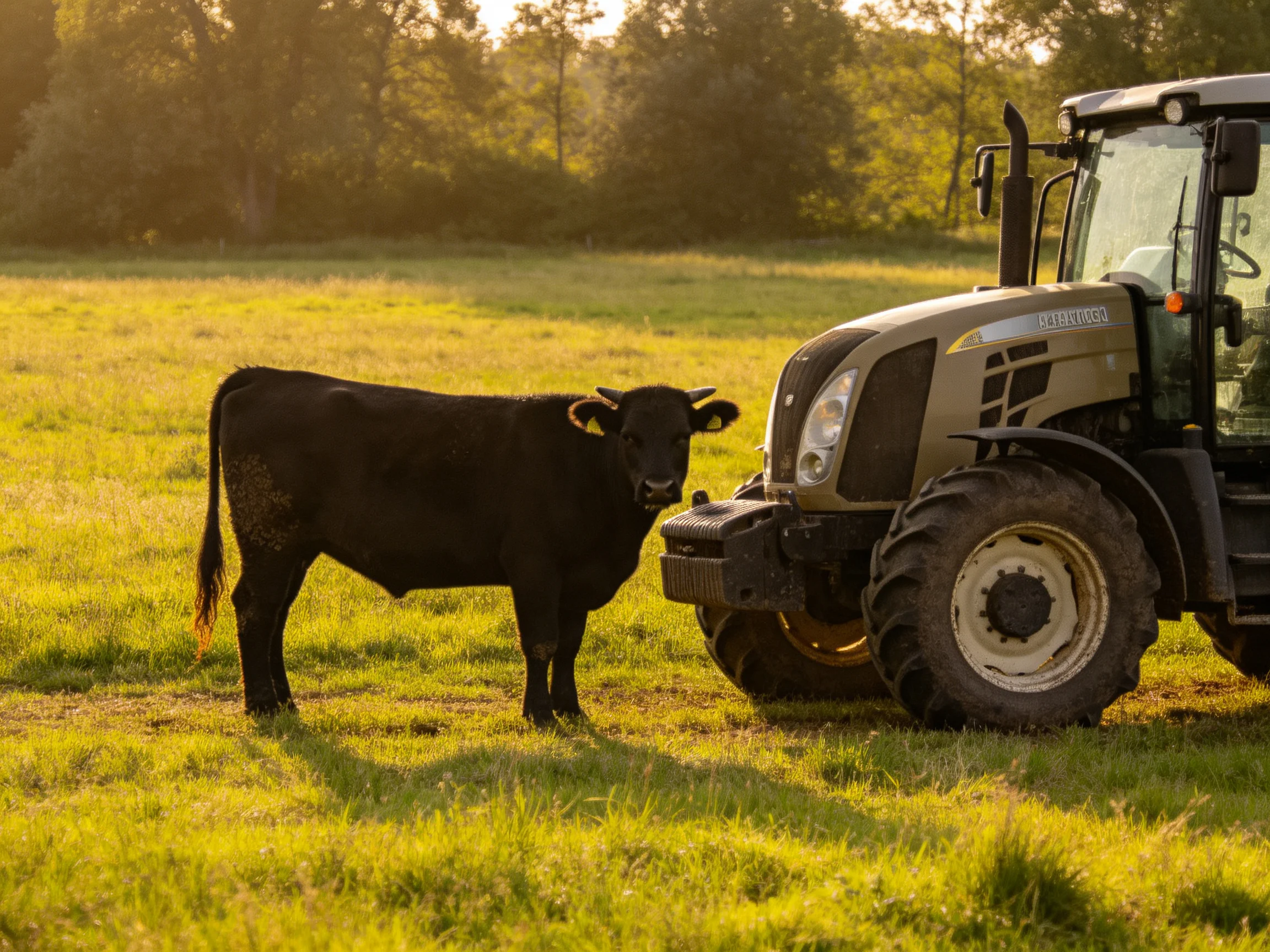 A black cow stands beside a beige tractor in a sunlit meadow
