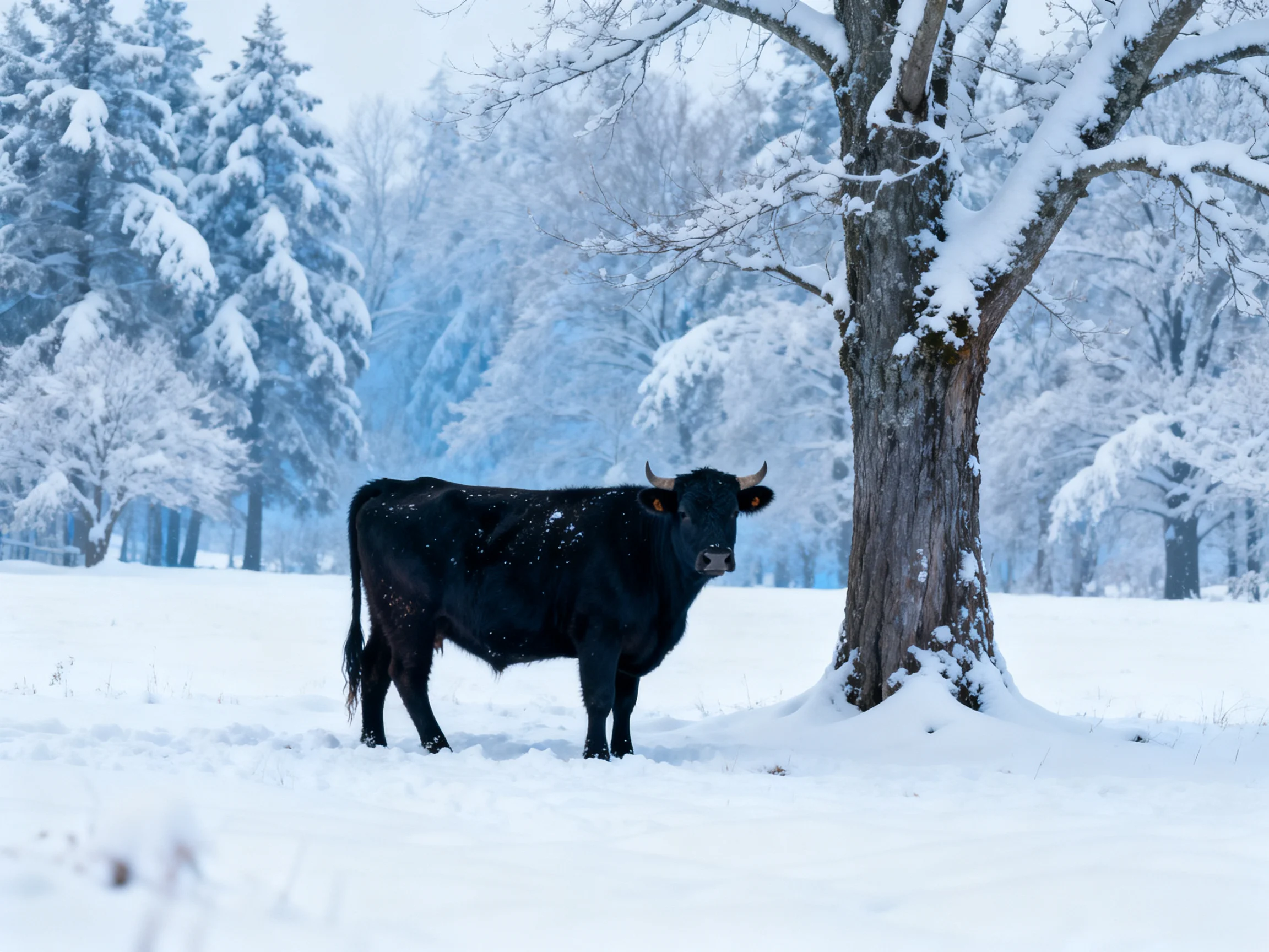A black cow stands by a snow-laden tree in a wintry landscape