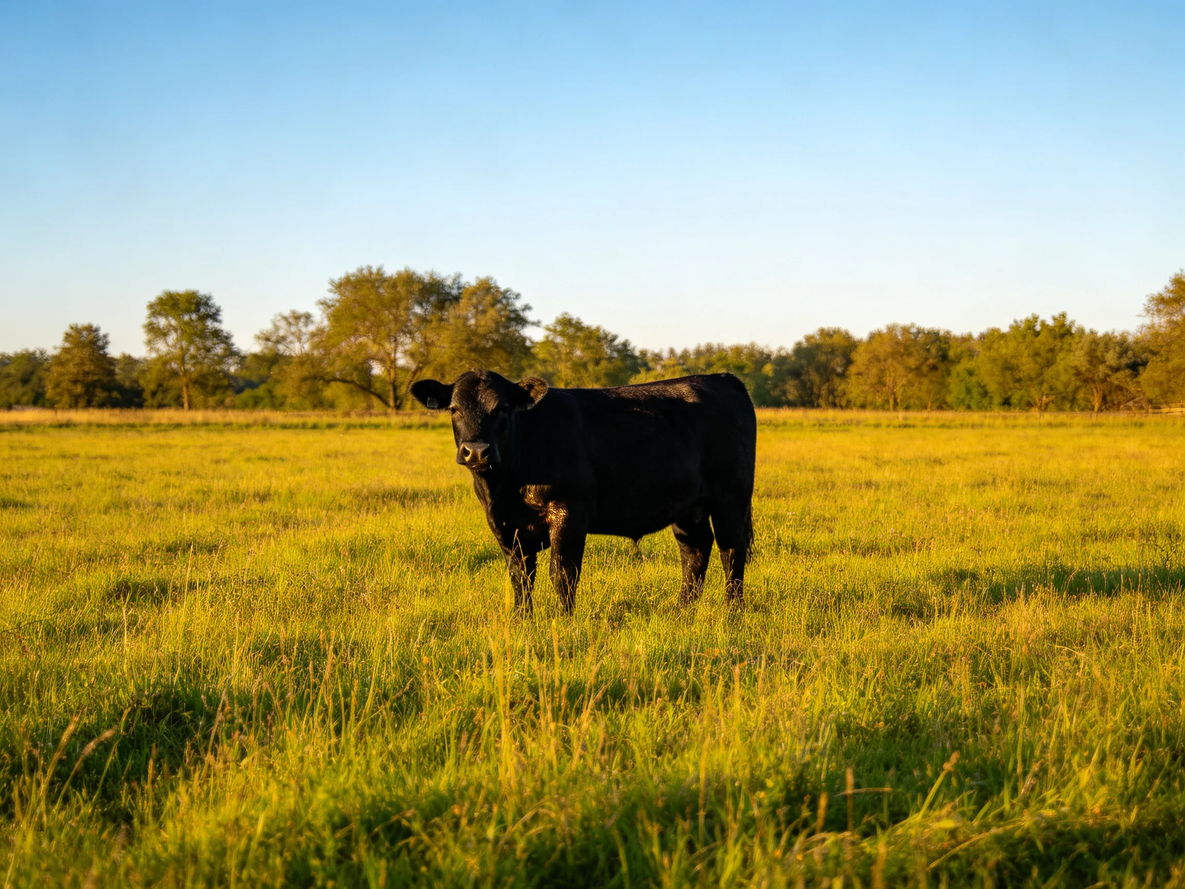 A black cow stands in a golden-green pasture near leafy trees
