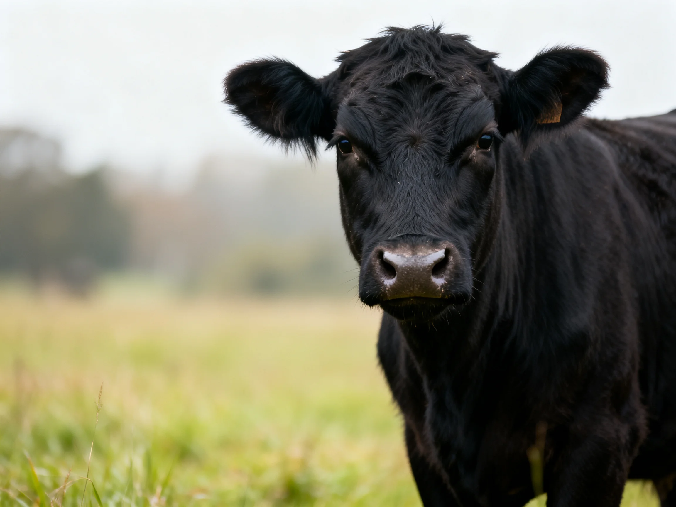 A black cow stands in a green pasture with blurred trees in the distance