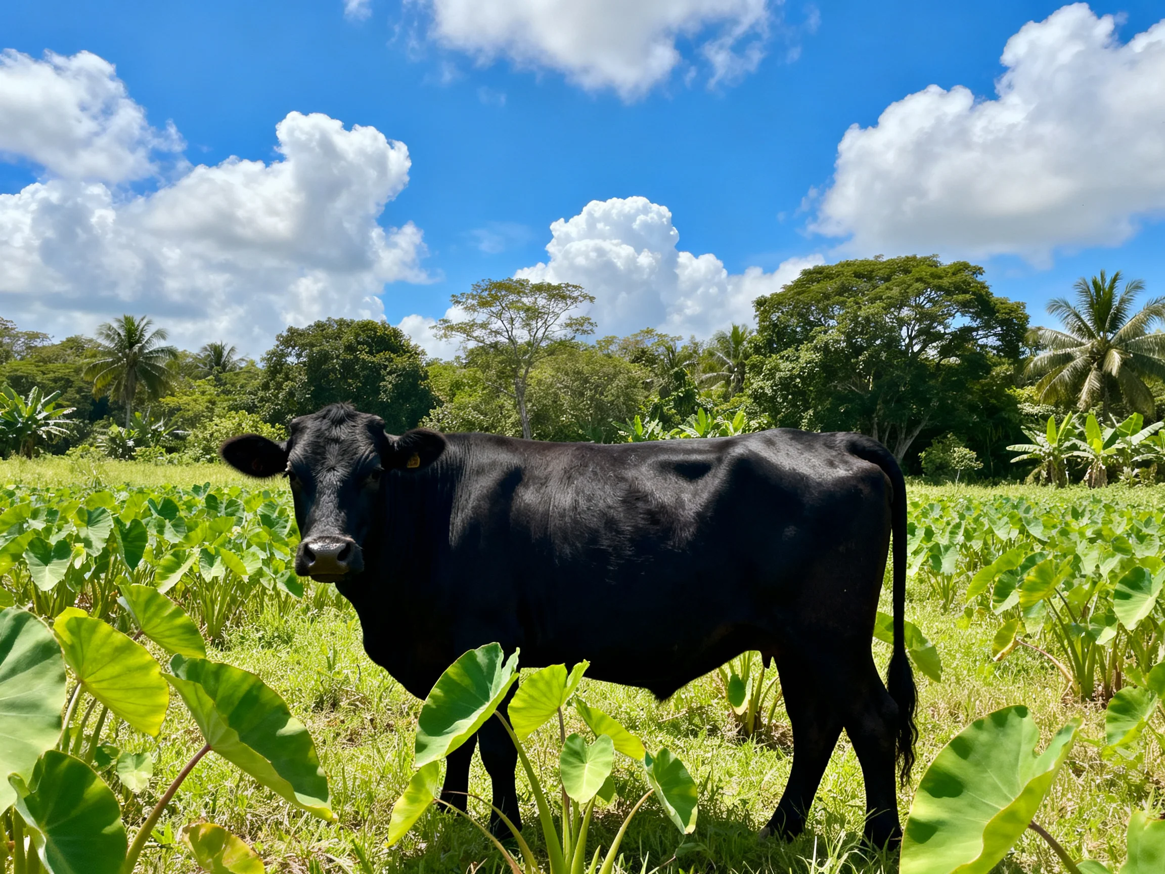 A black cow stands in a lush green field with blue sky and trees