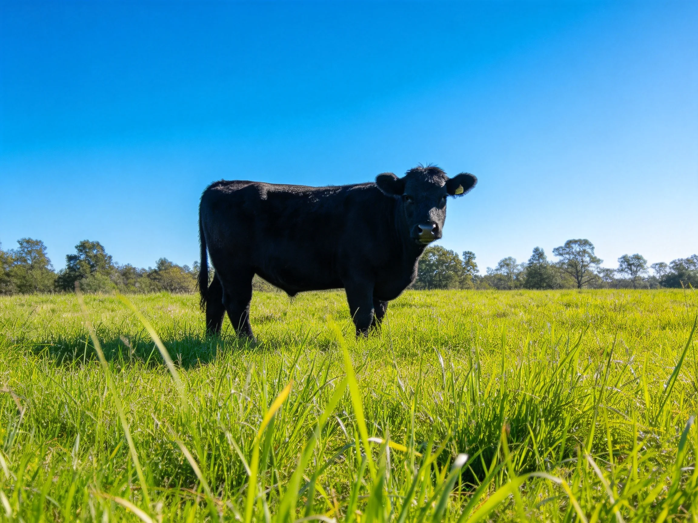 A black cow stands in a sunlit green meadow with distant trees.
