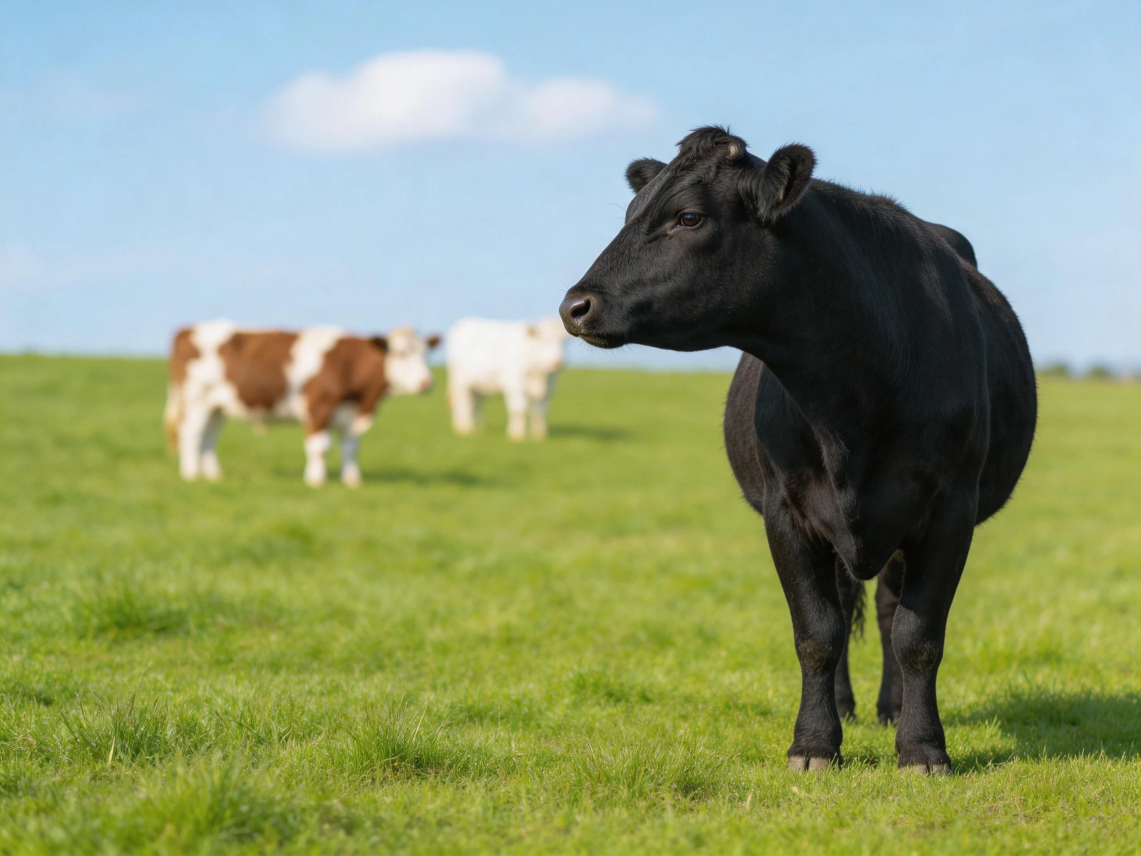 A black cow stands in a green pasture with two other cows nearby