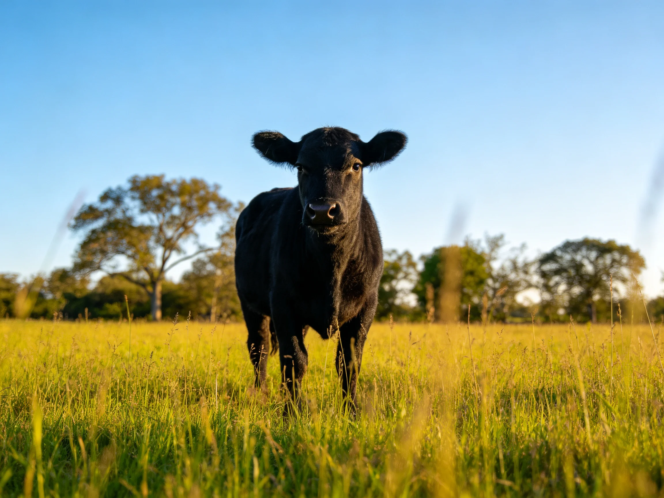 A black cow stands in a sunlit grassy field with trees in the distance