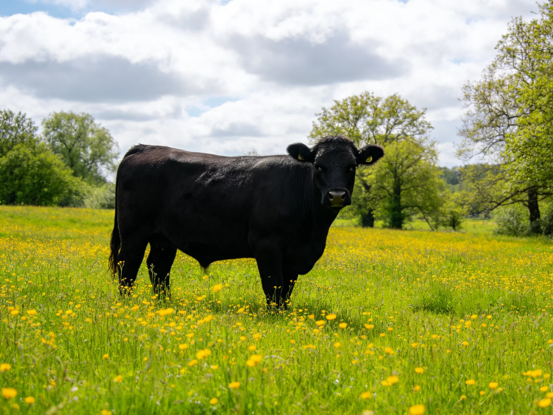 A black cow stands in a vibrant meadow of yellow wildflowers