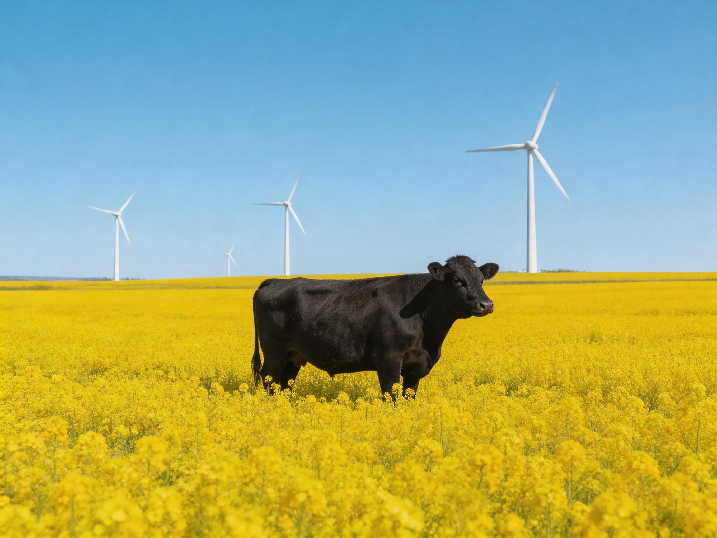 A black cow stands in a yellow flower field with wind turbines in the distance.