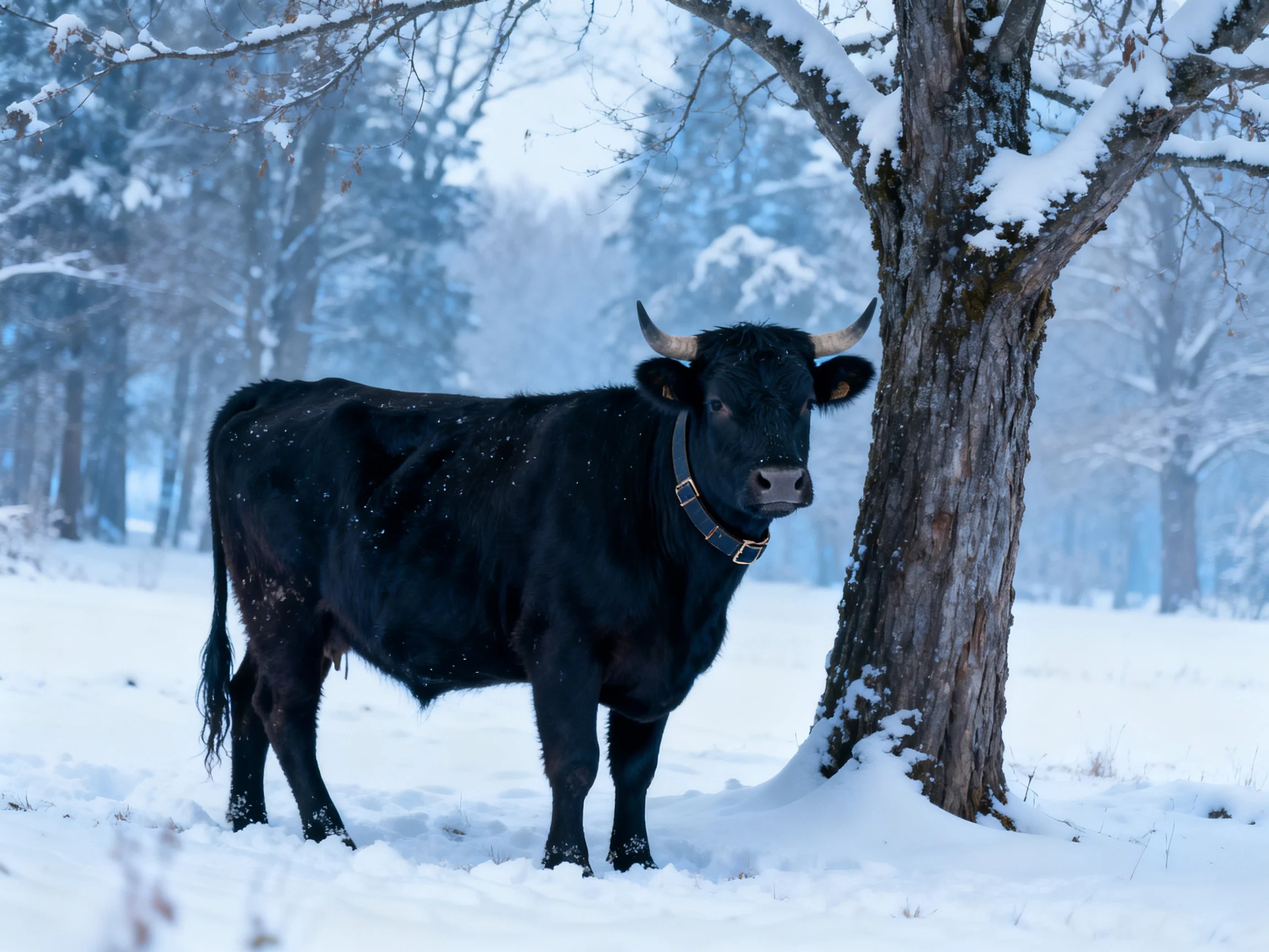 A black cow stands near a snow - covered tree in winter