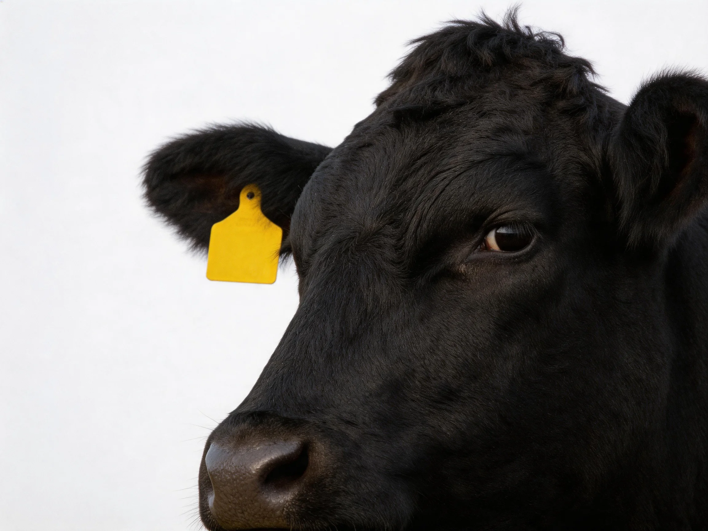 A black cow with a yellow ear tag is shown up close.
