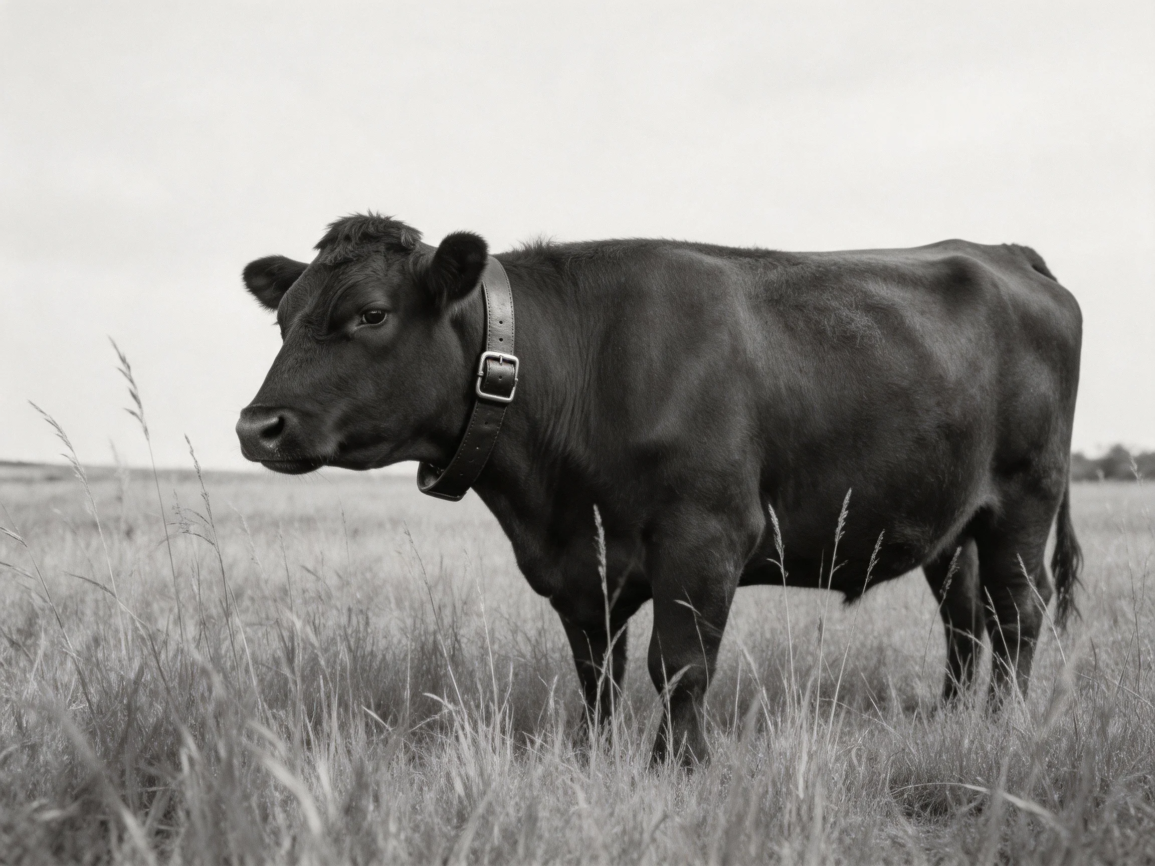 A black cow with a collar stands in tall grassy terrain