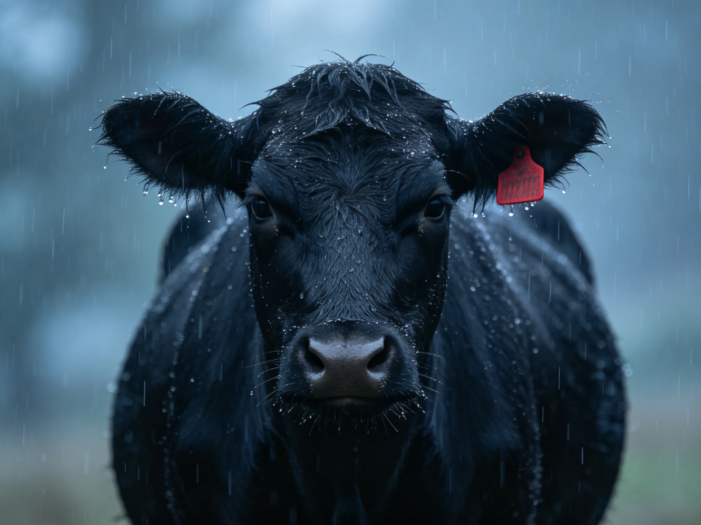 A black cow with a red ear tag stands in falling rain