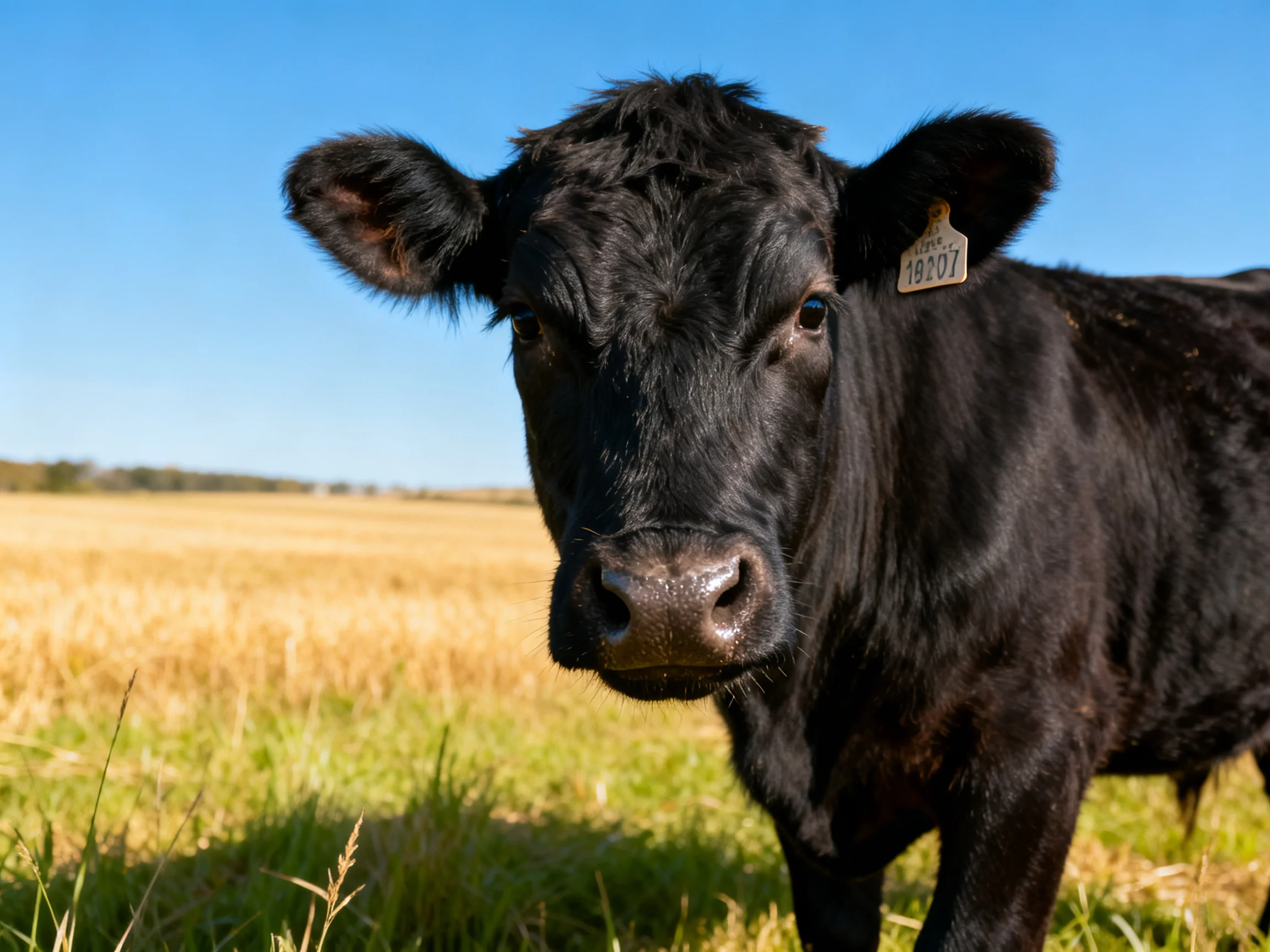 A black cow with an ear tag in a golden field under blue sky
