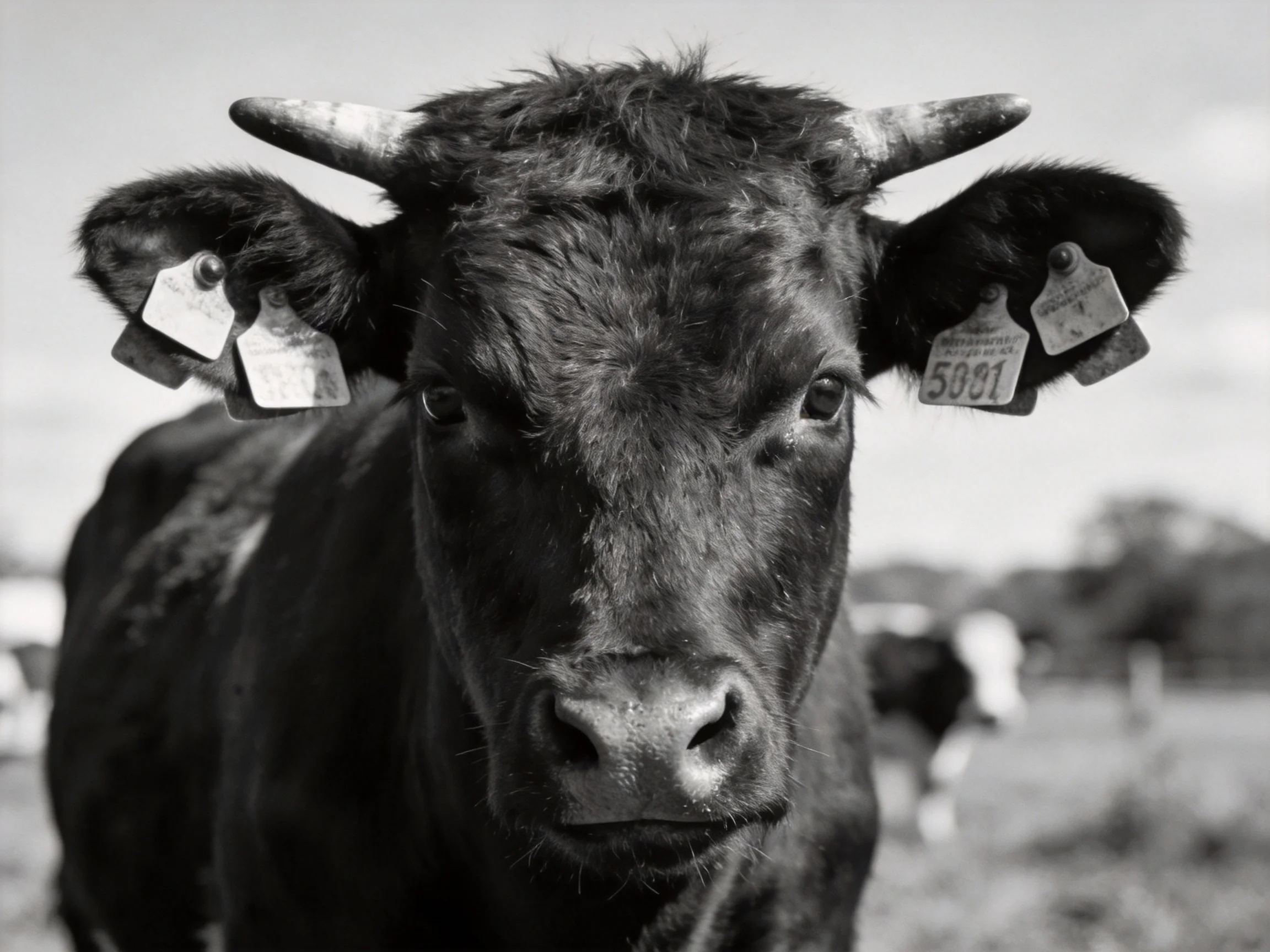 A black cow with numbered ear tags and curved horns in a rural field