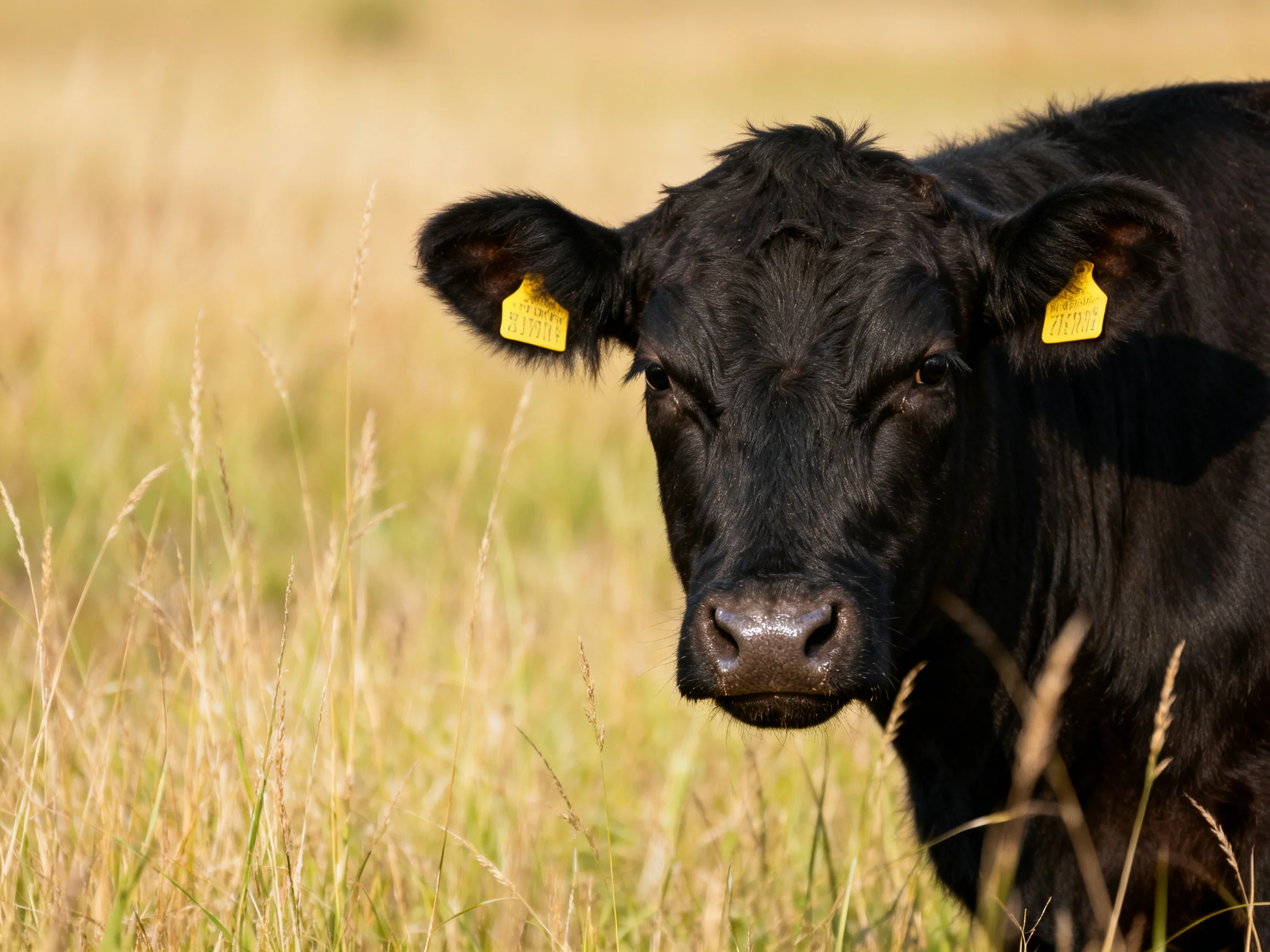 A black cow with yellow ear tags in a sunlit grassy field