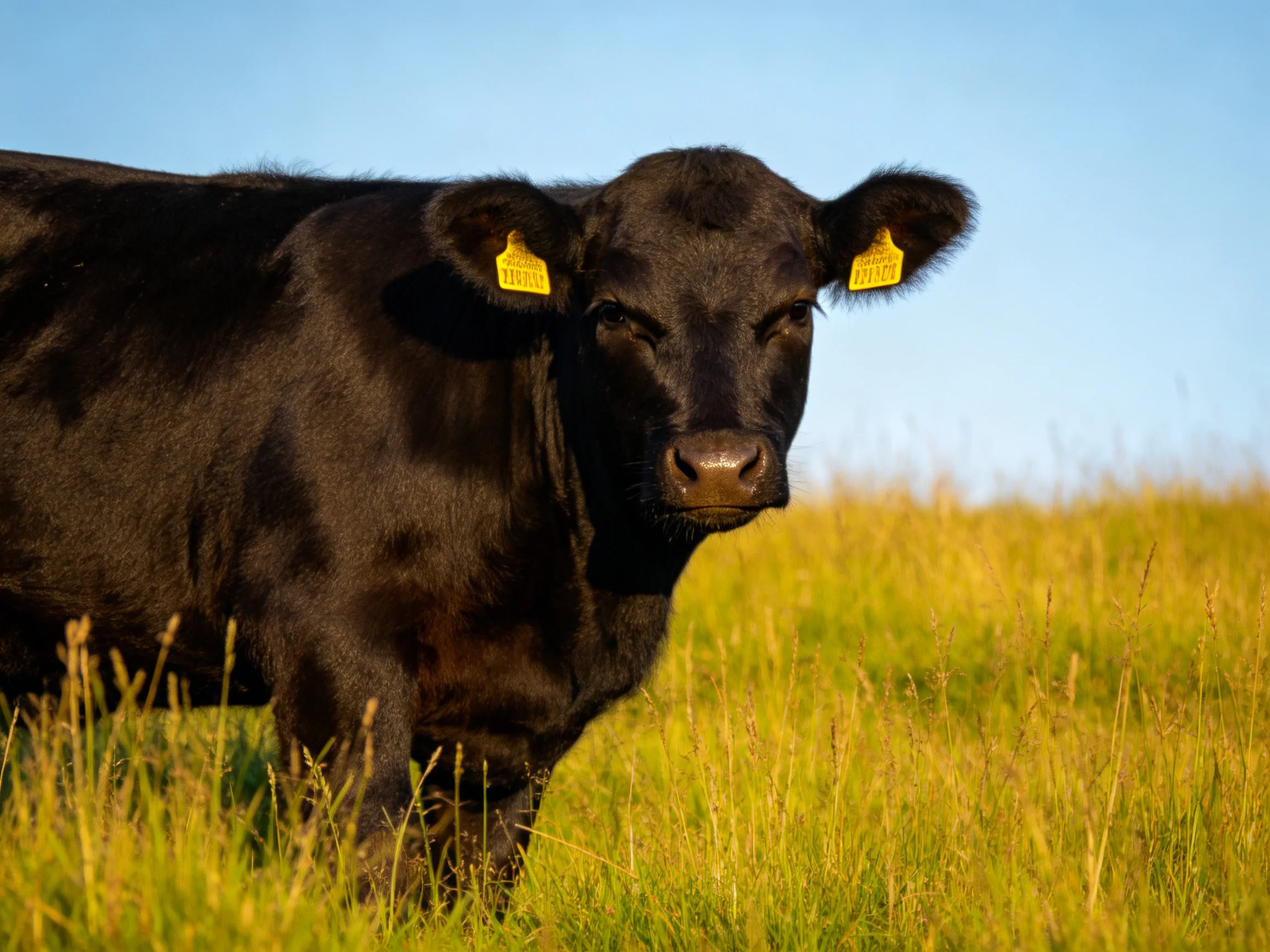 A black cow with yellow ear tags in a sunlit grassy meadow