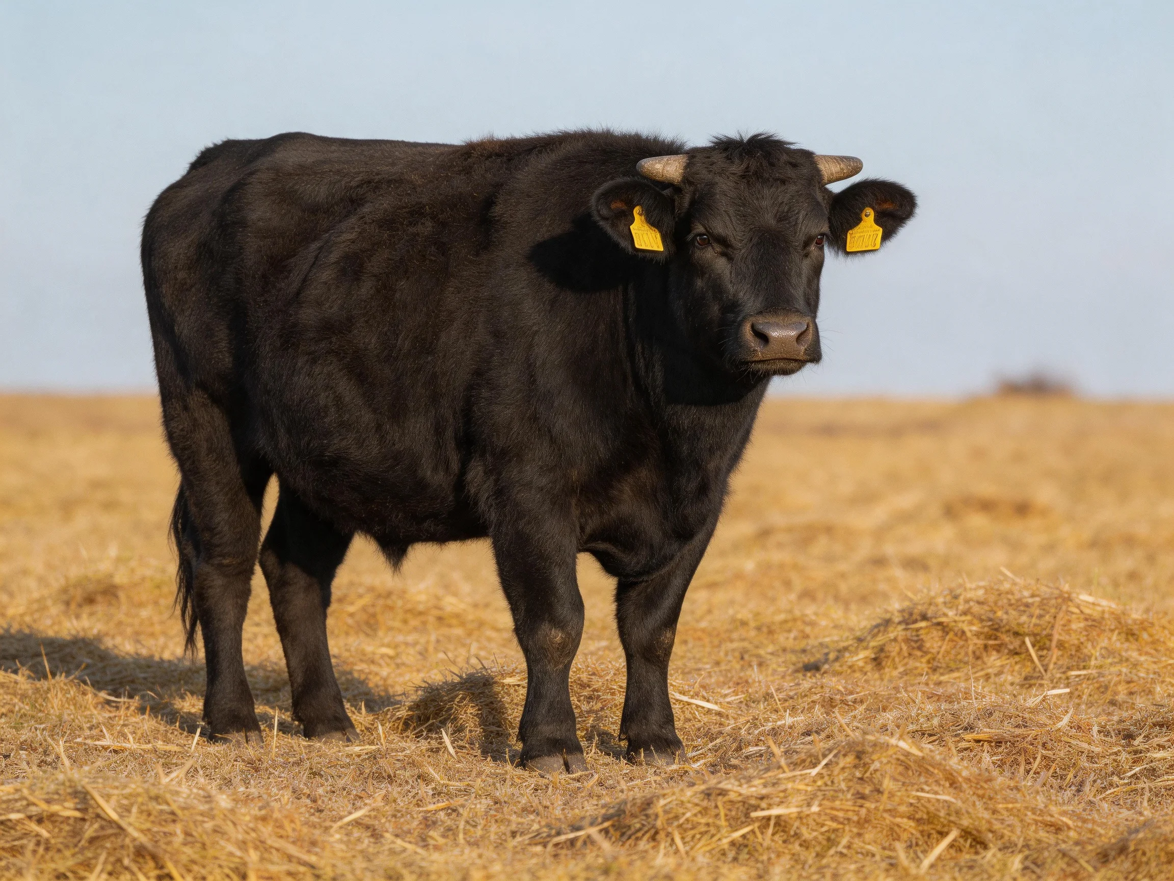 A black cow with yellow ear tags stands in a golden hayfield