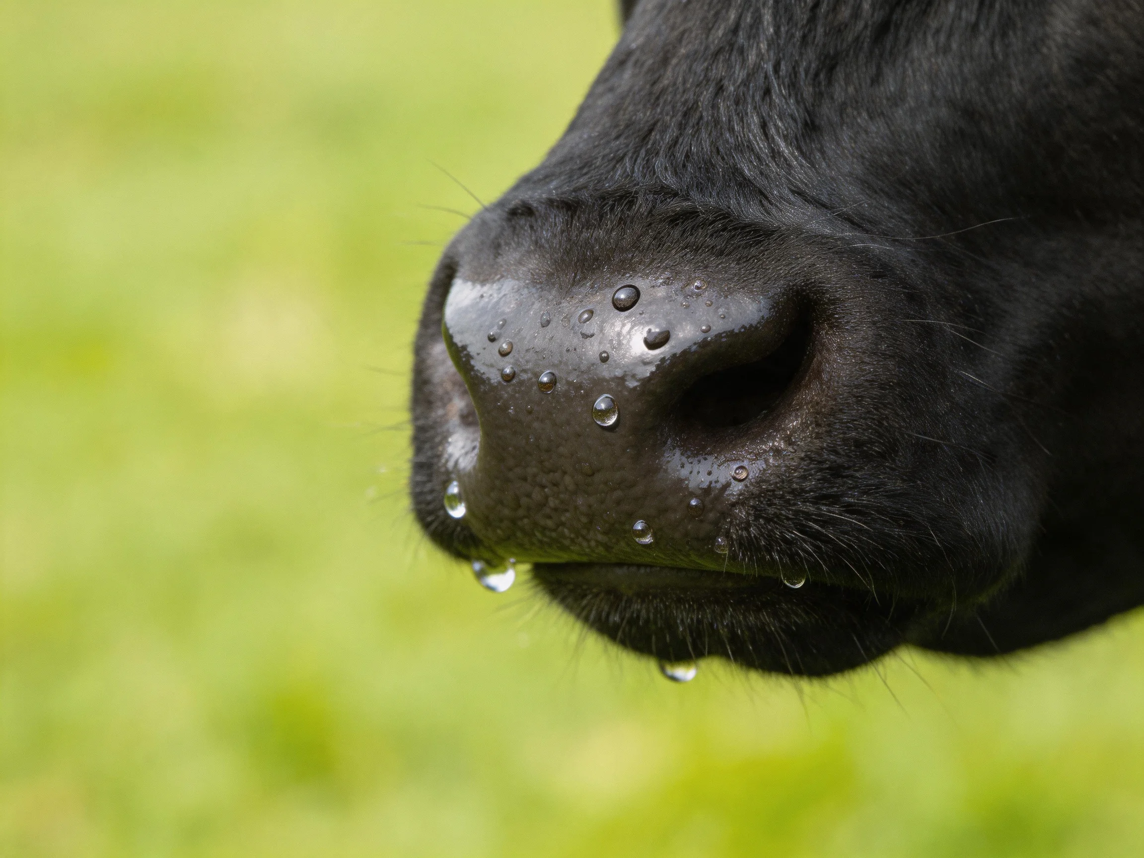 A black cow’s glossy nose with water droplets on green background