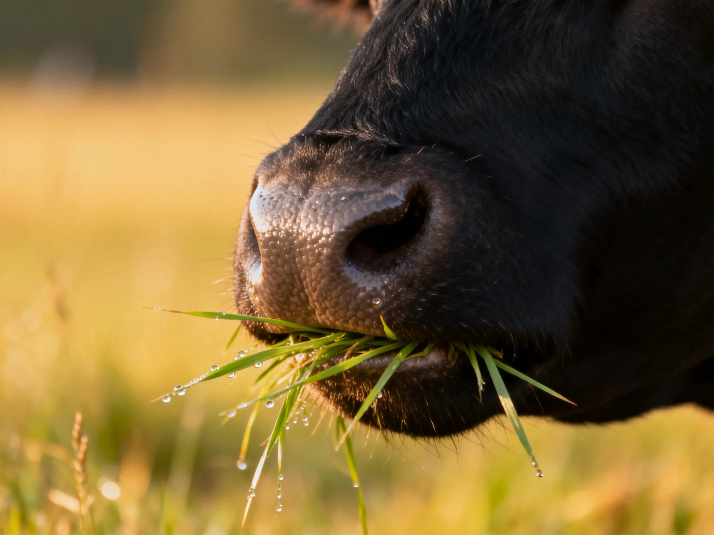 A black cows nose chewing dewy grass in a golden meadow
