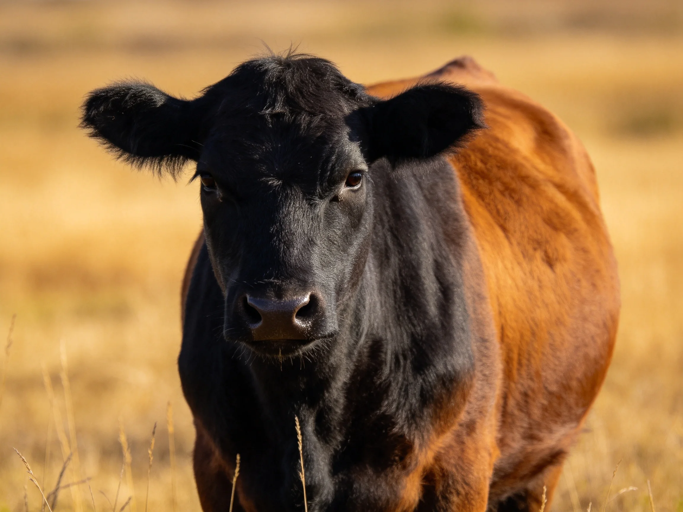 A black-faced brown cow stands in a sunlit golden field