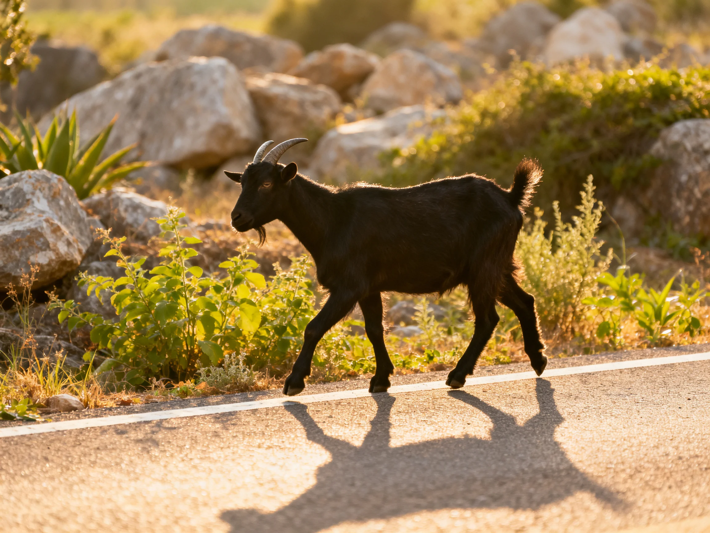 A black goat crosses a sunlit road near rocky and vegetative areas