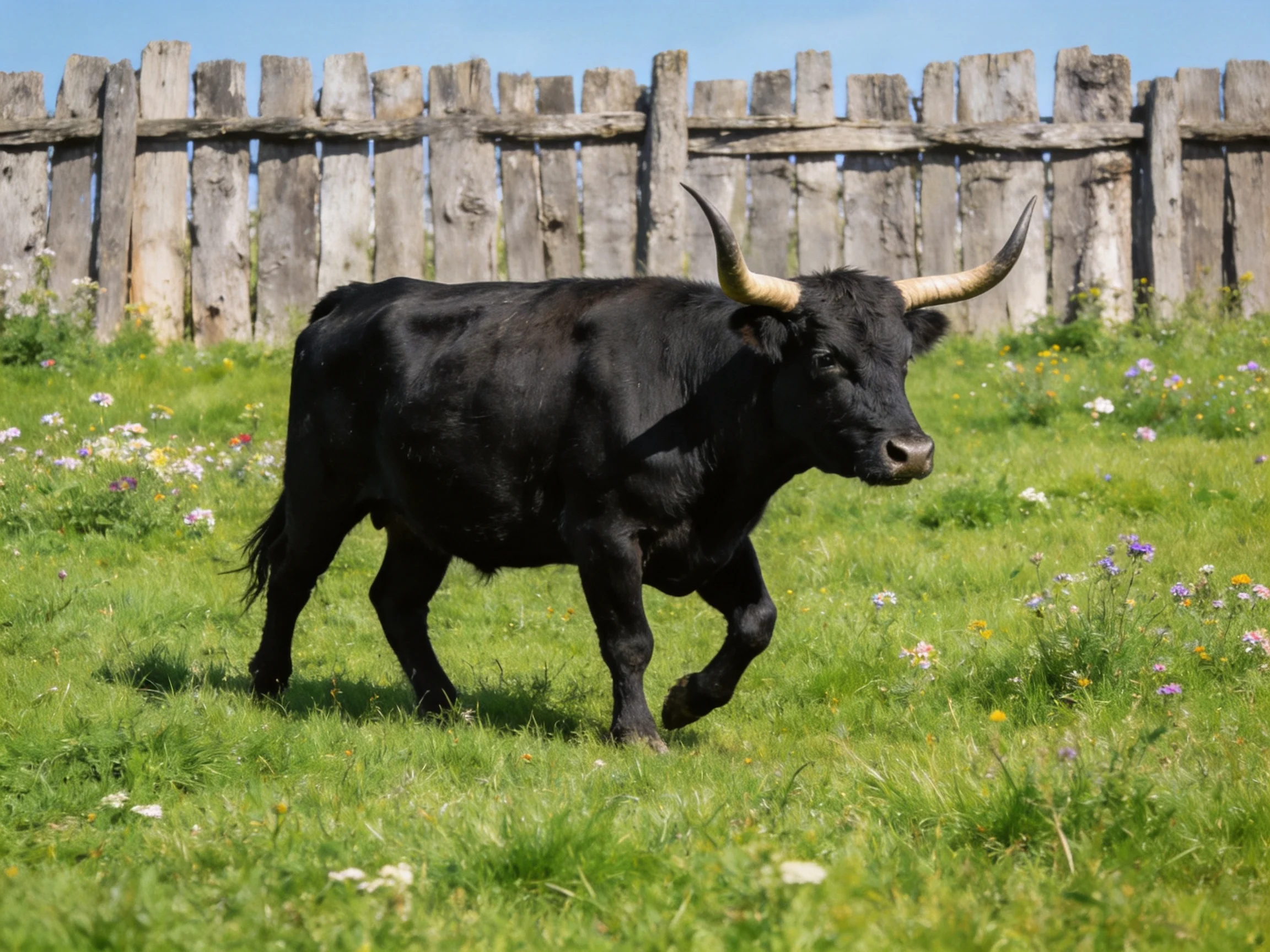 A black horned bull roams a flower-filled green meadow