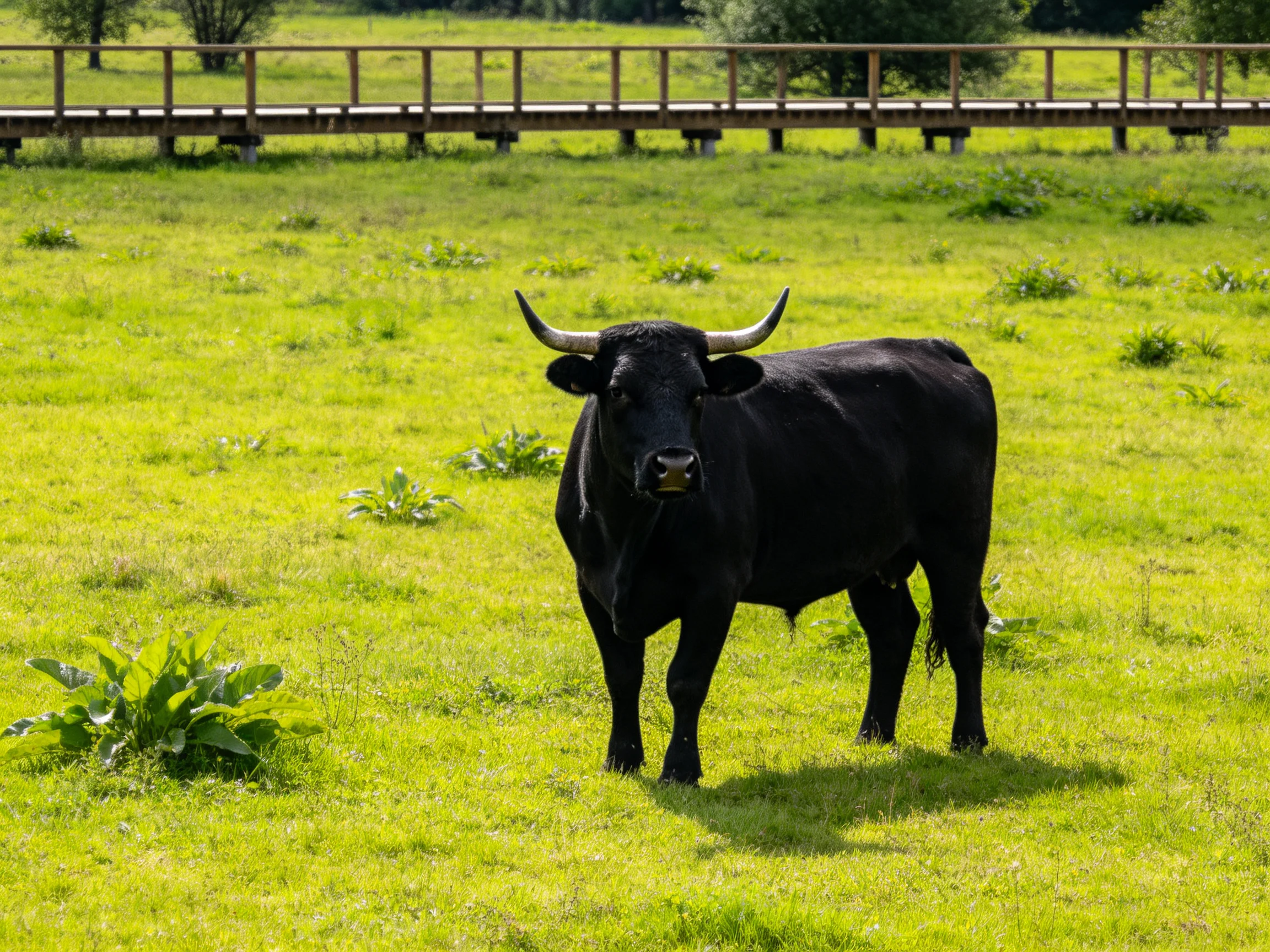 A black horned bull stands in a vibrant green meadow beside a wooden bridge
