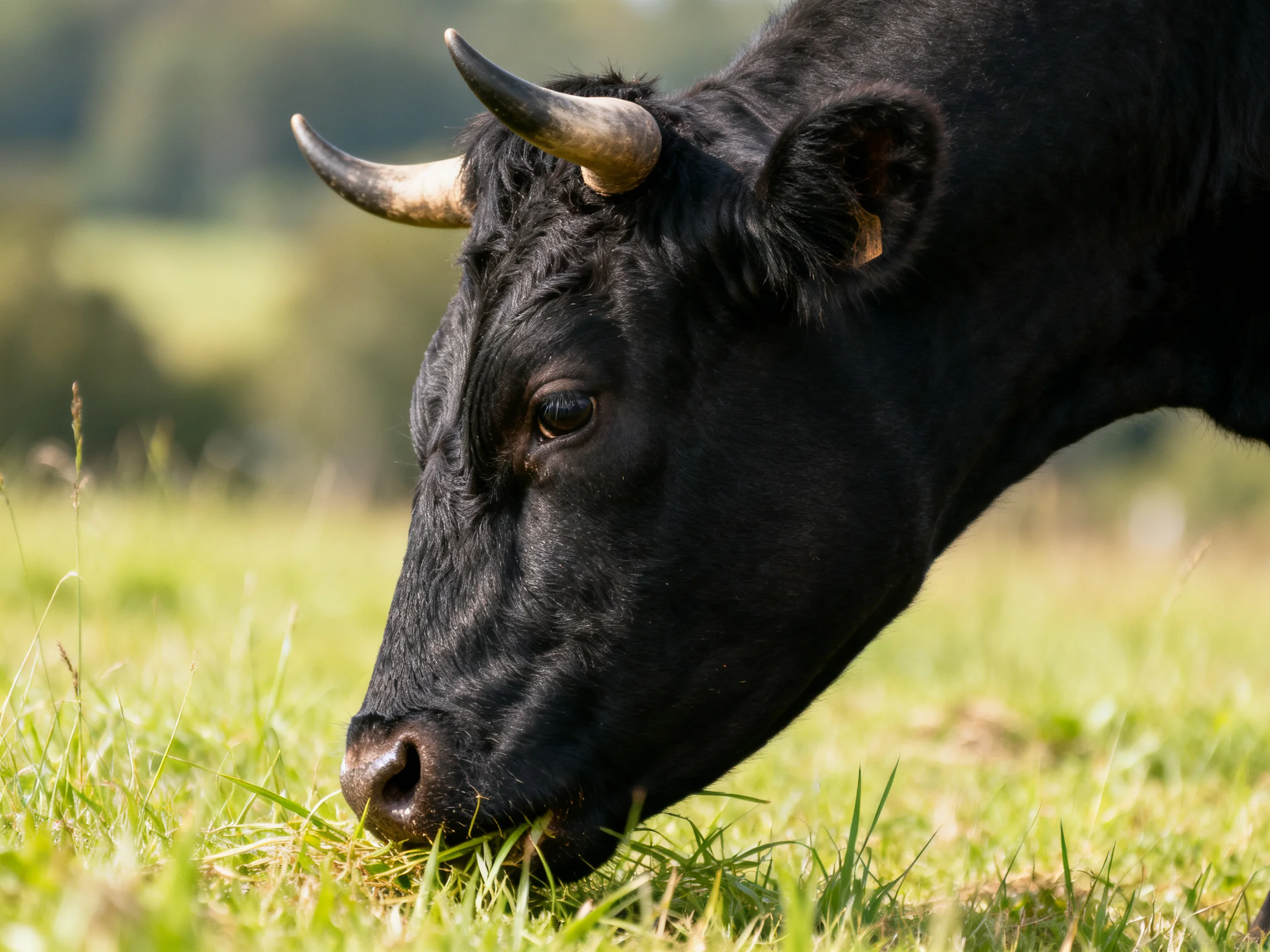 A black horned cow grazing in a sunlit green pasture