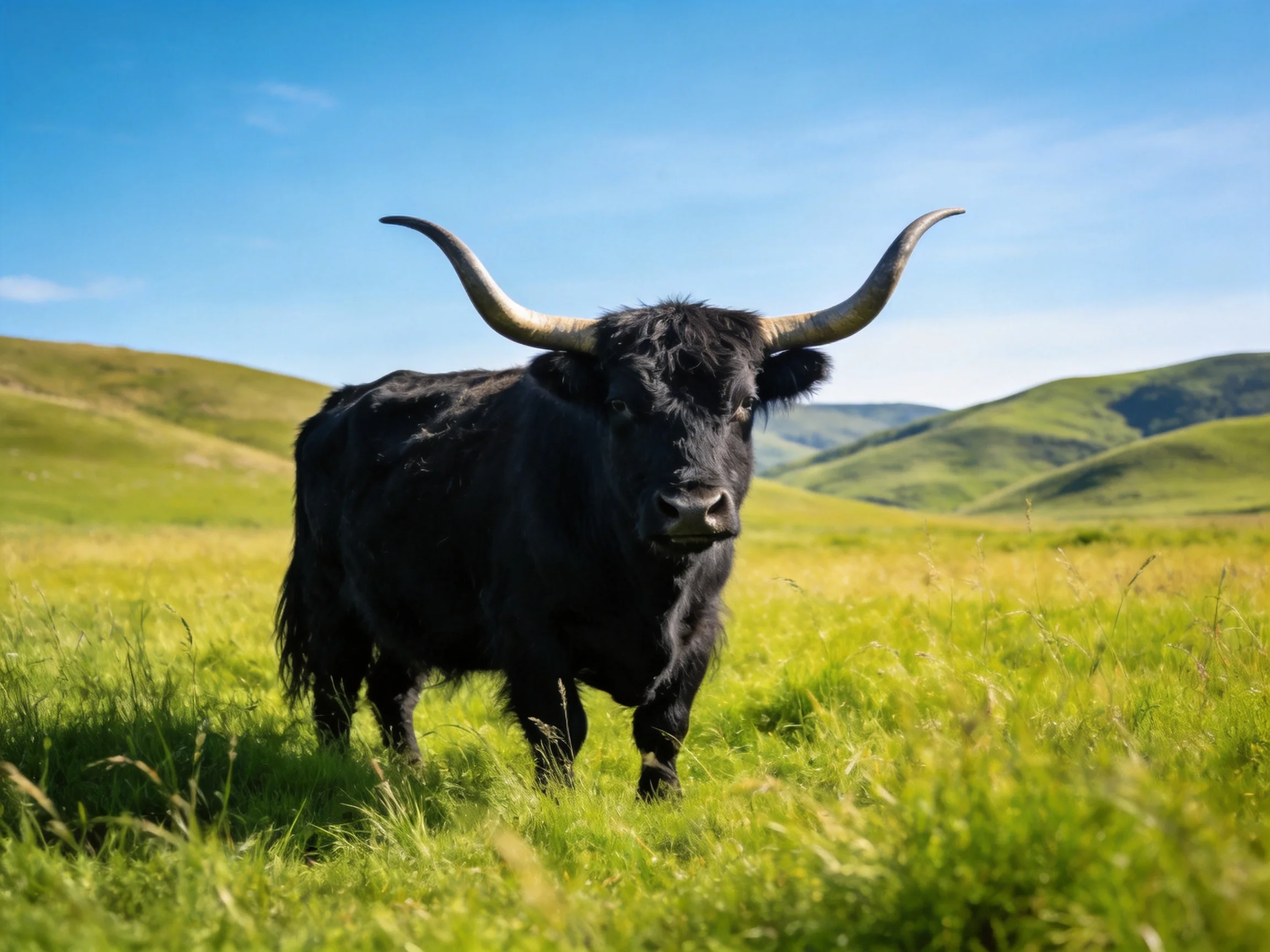 A black horned cow in a lush green meadow with rolling hills