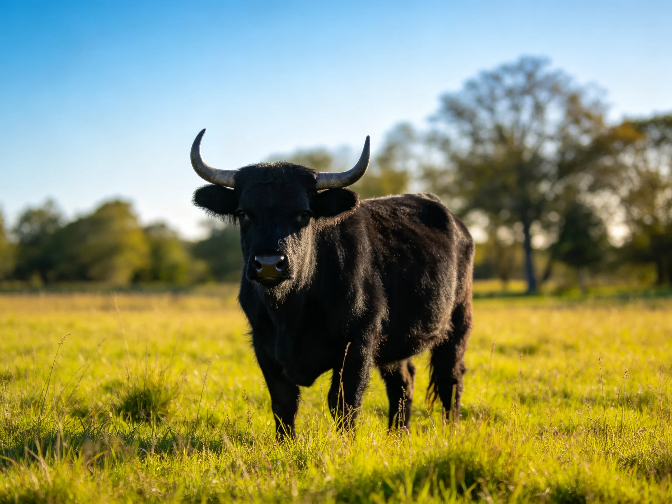 A black horned cow in a sunlit green pasture