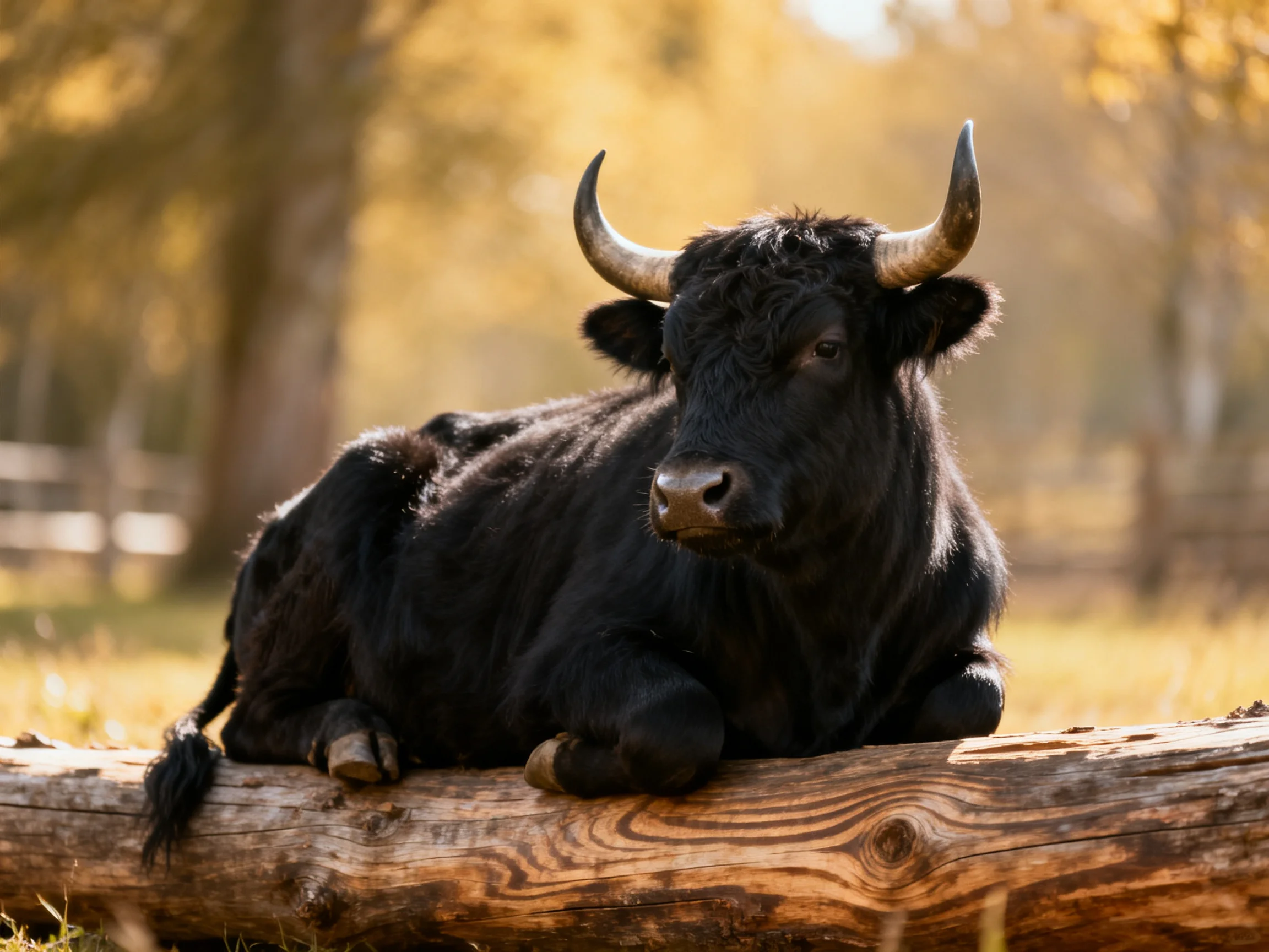A black horned cow rests on a wooden log in a sunlit forest clearing