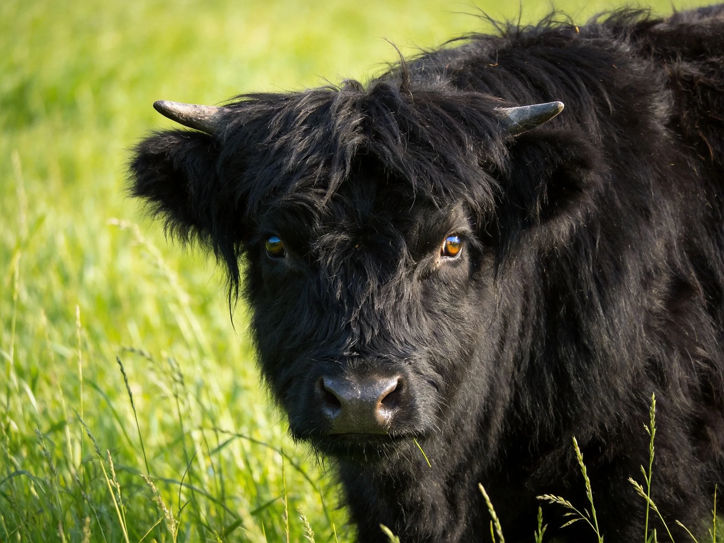 A black shaggy Highland cow with small horns in green pasture