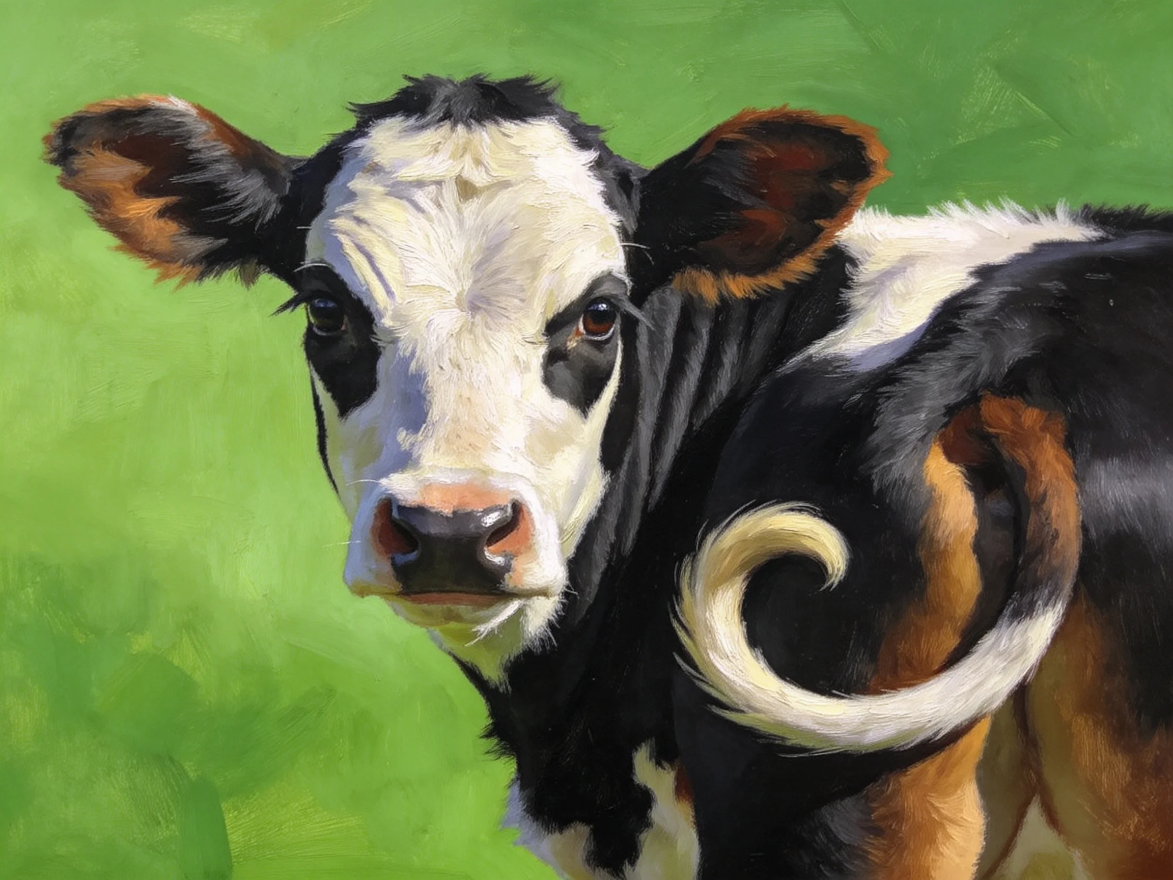 A black, white, and brown cow in a vibrant green landscape