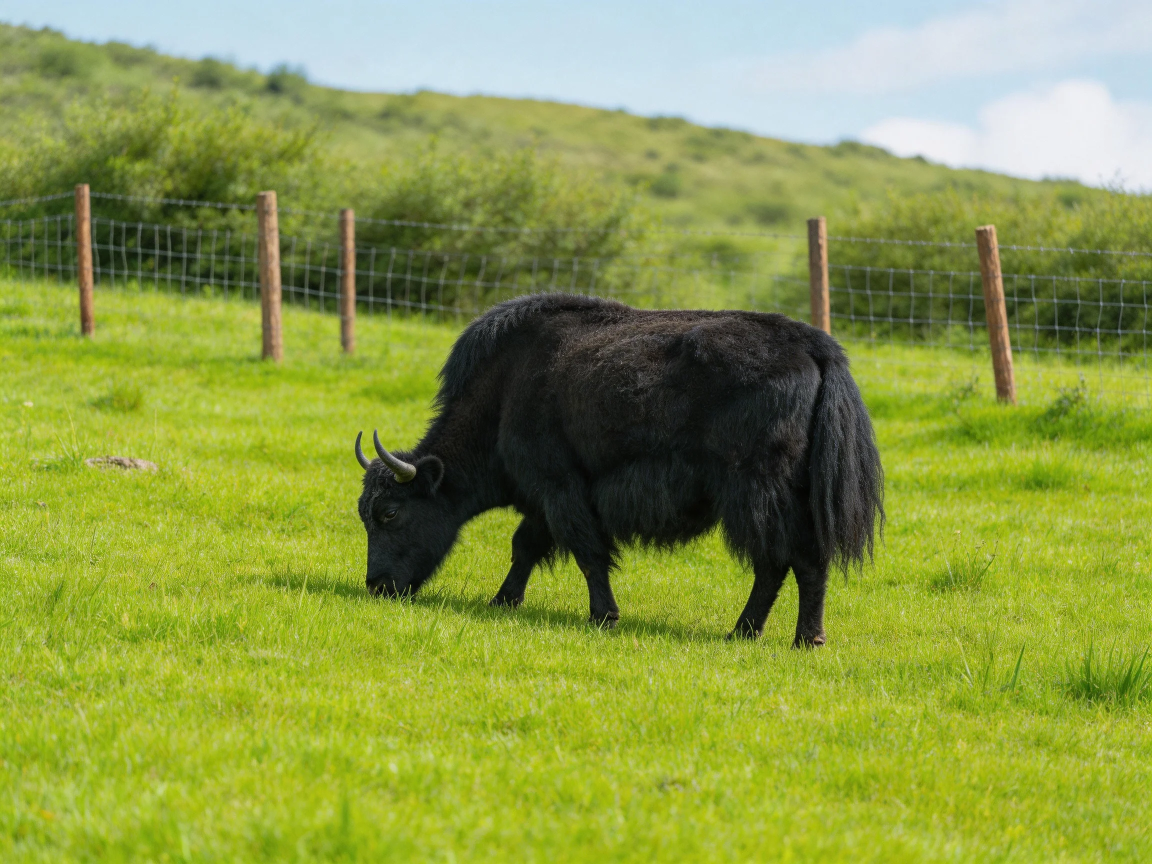A black yak grazes in a lush green pasture with wooden fencing