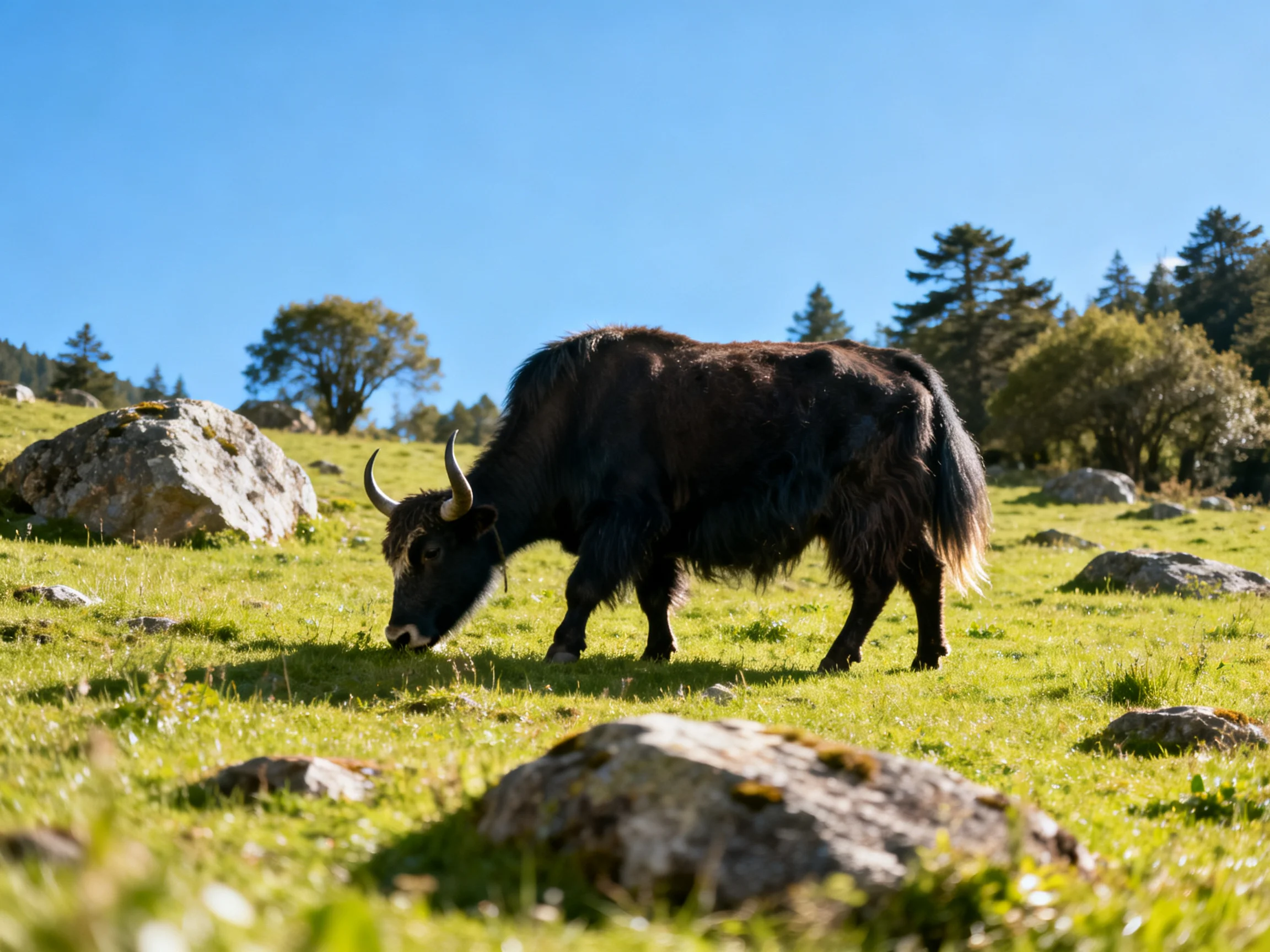 A black yak grazes in a rocky green meadow with tall pines