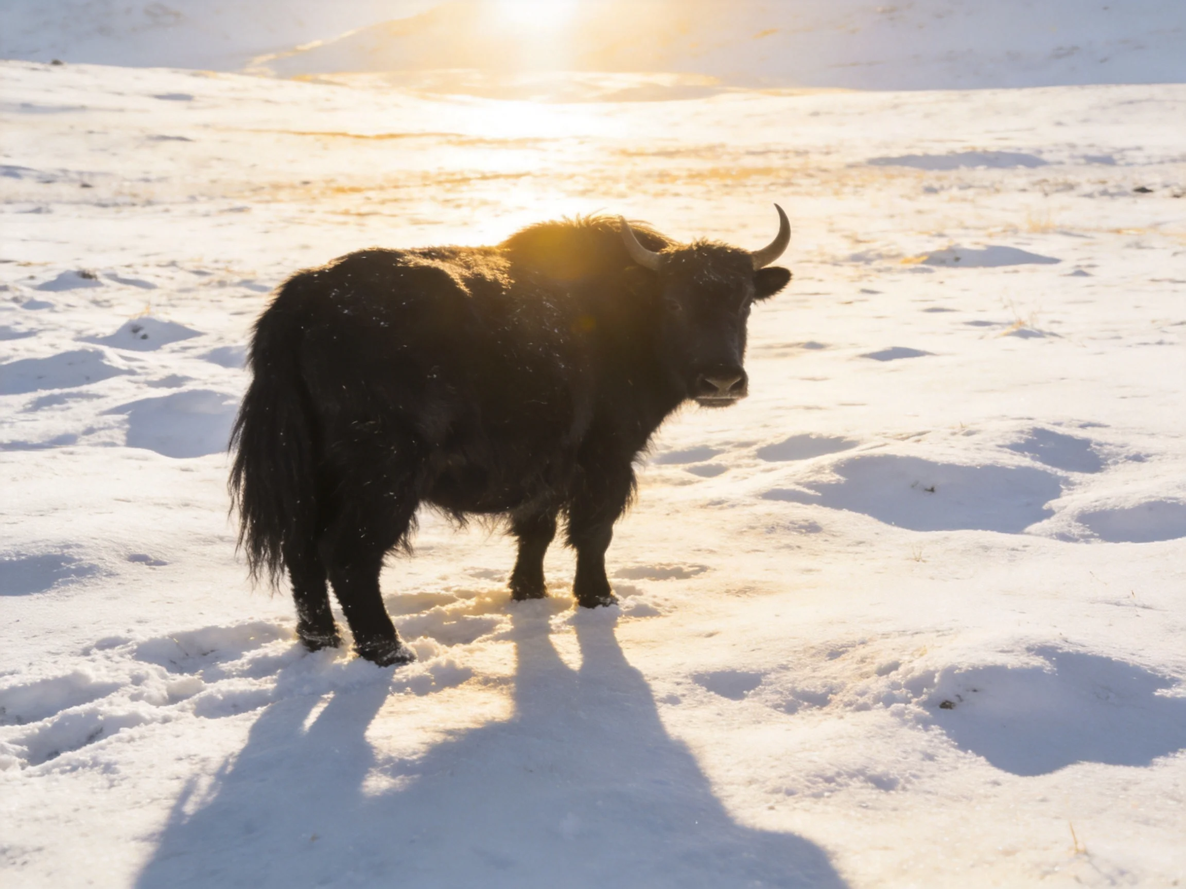 A black yak in snowy field under golden sunlight