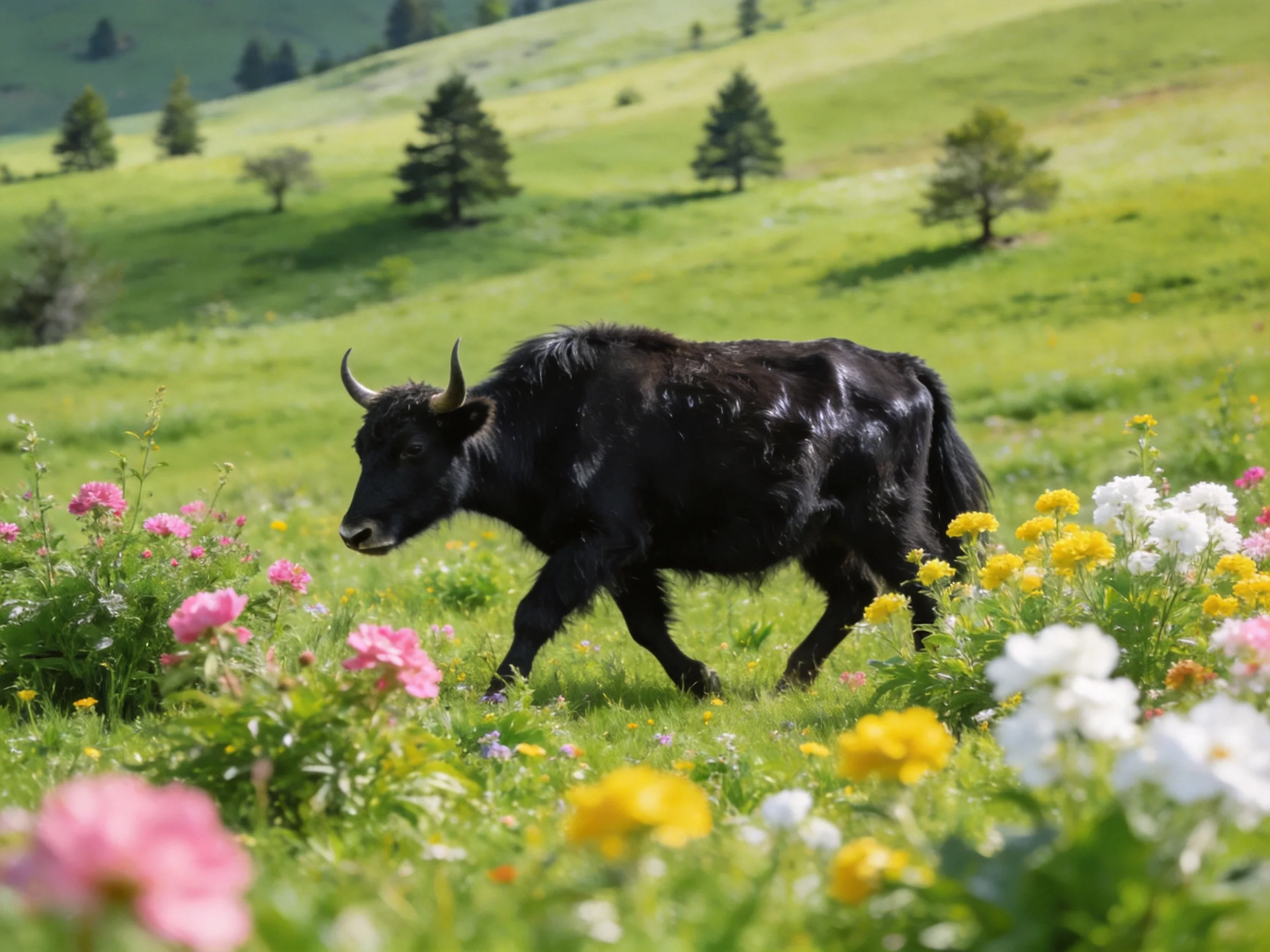 A black yak roams a vibrant flower-filled green meadow