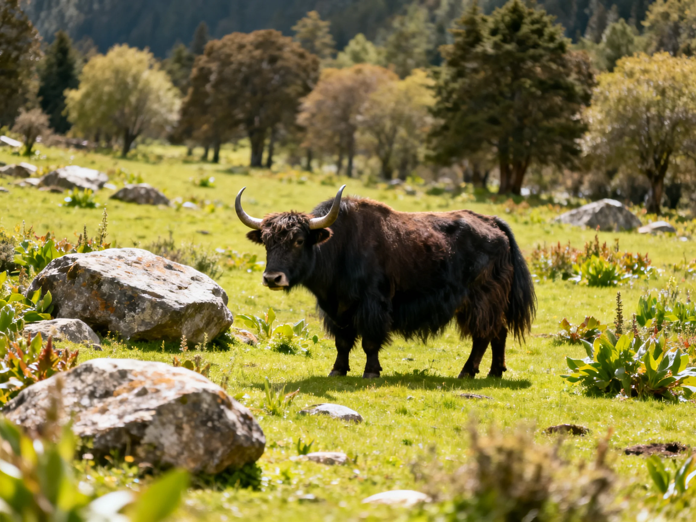 A black yak stands in a sunlit meadow with rocks and trees nearby