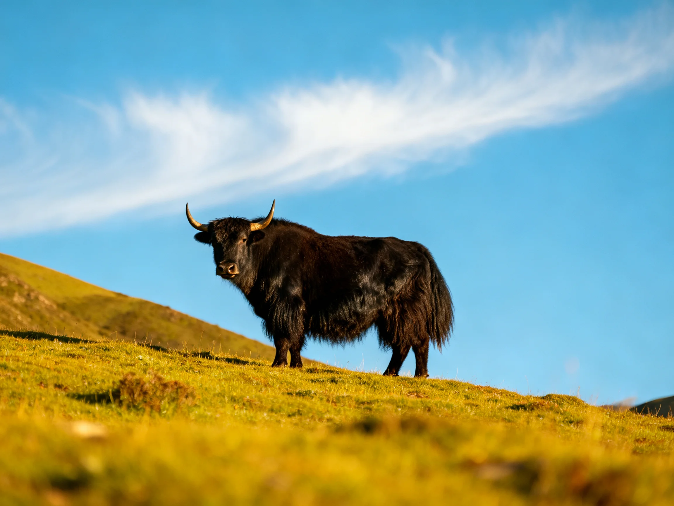 A black yak stands on a golden-green hill under a clear blue sky