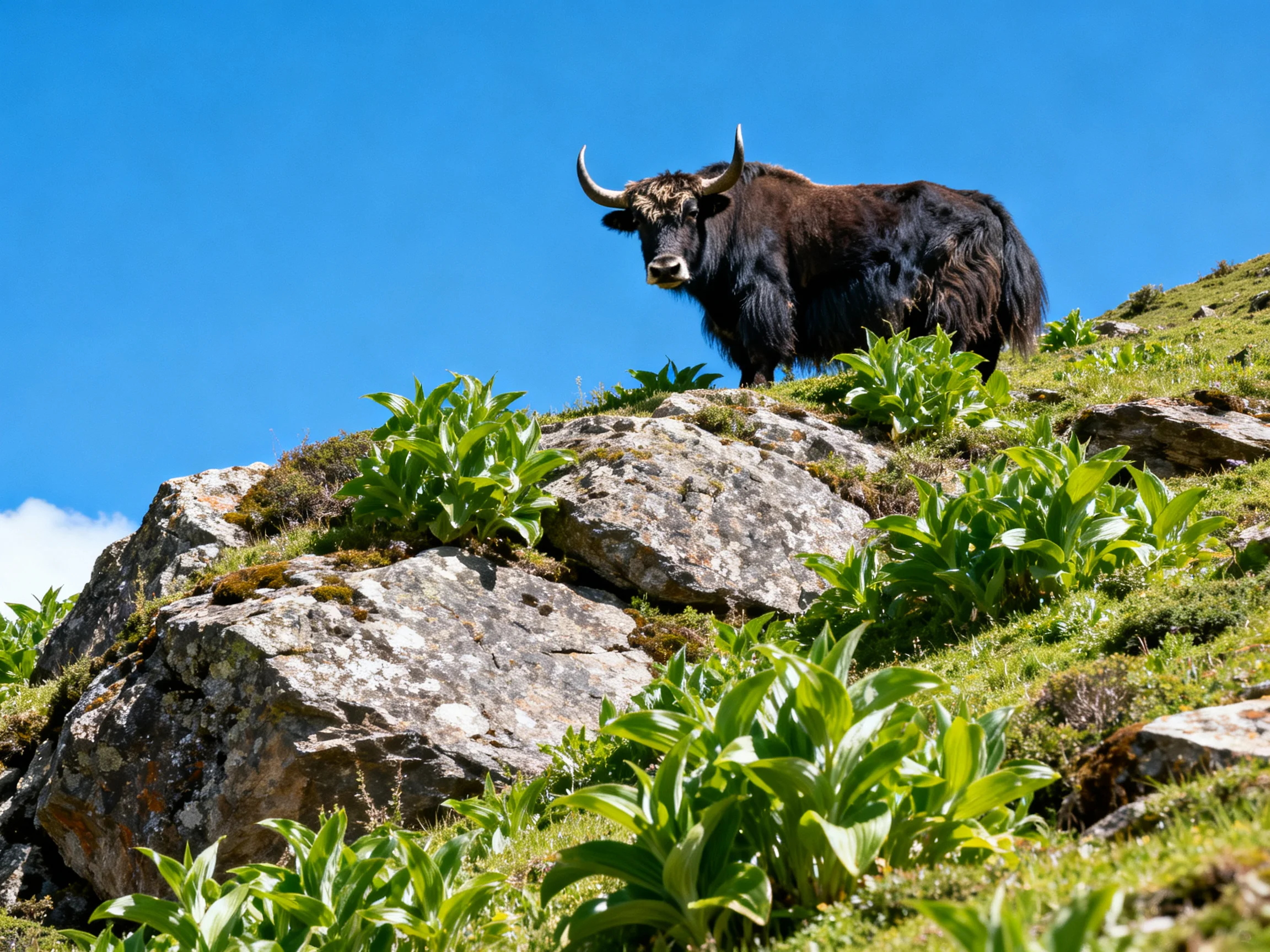 A black yak stands on a rocky hillside with greenery under a clear blue sky