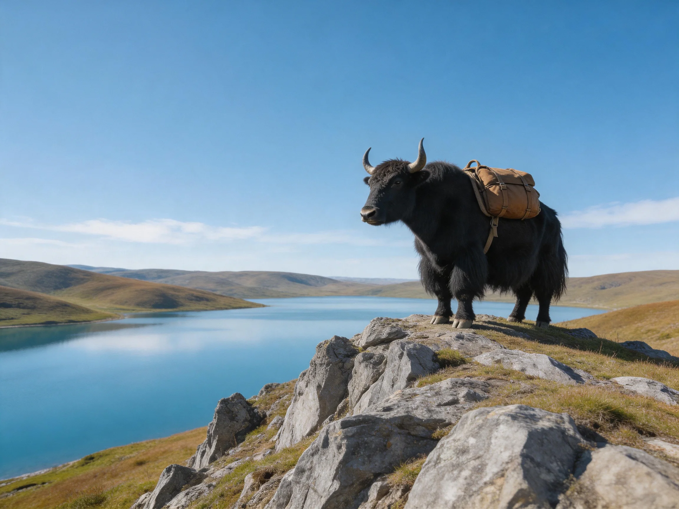 A black yak with a brown backpack stands atop a rocky cliff over a blue lake