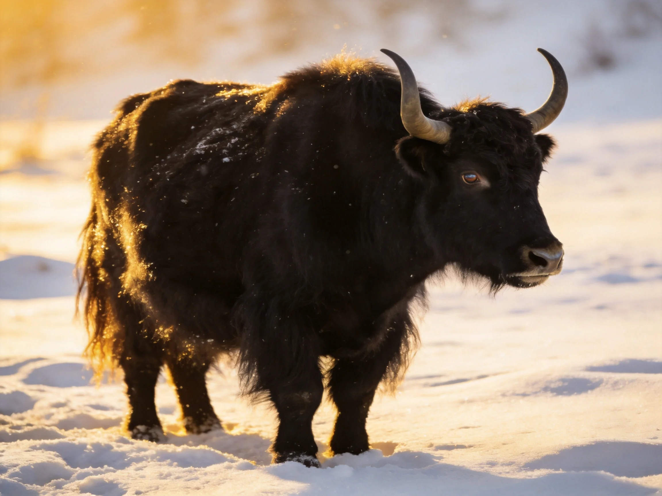 A black yak with curved horns stands in snowy terrain under golden light