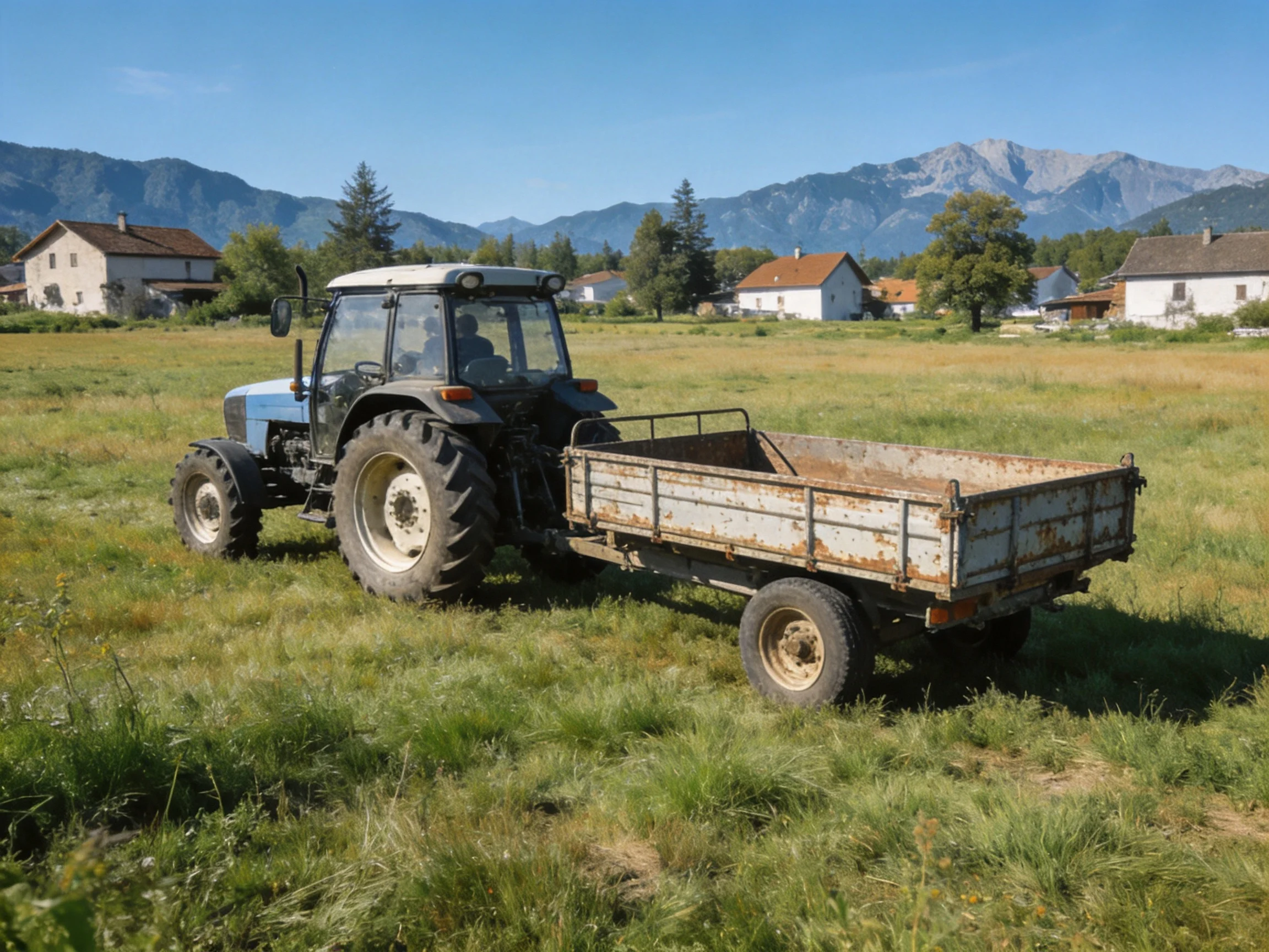 A blue tractor pulling a rusty trailer in a green field near white houses