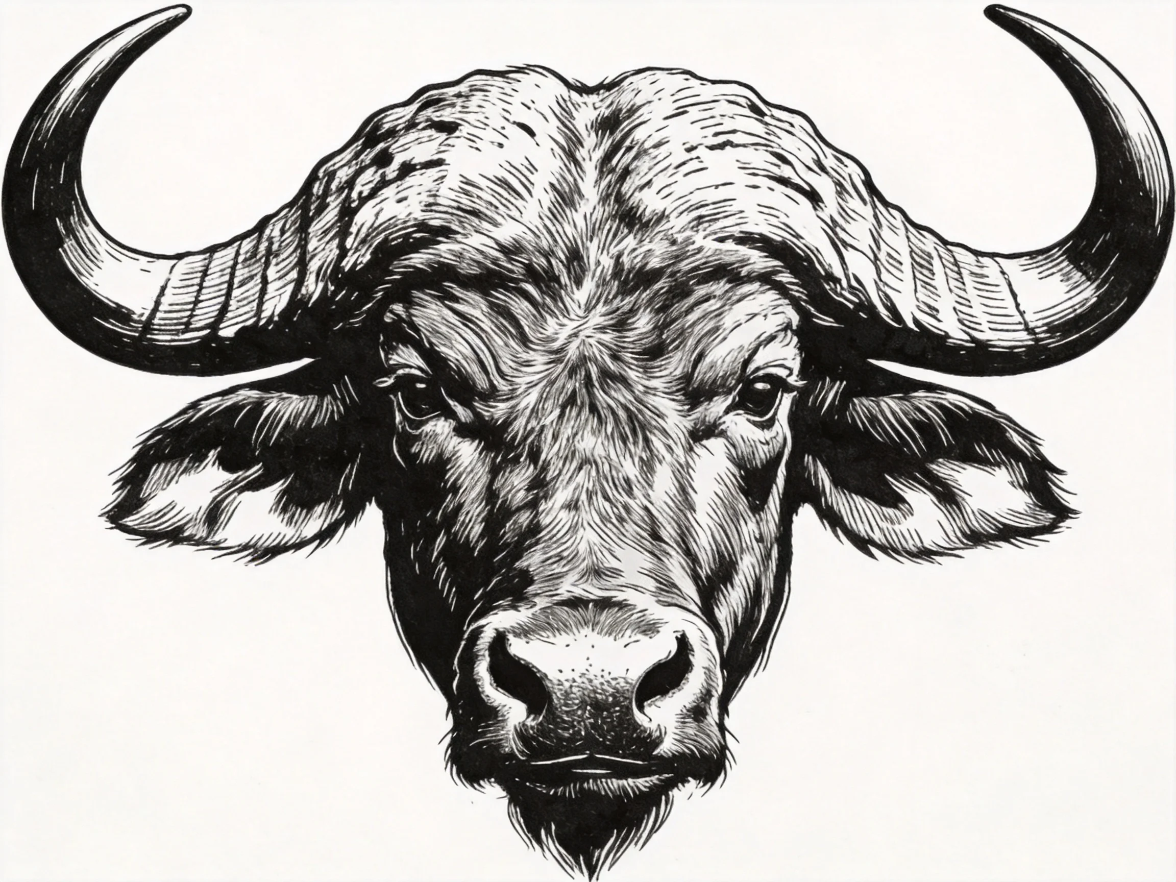 A bold black-and-white illustration of a buffalo with large curved horns