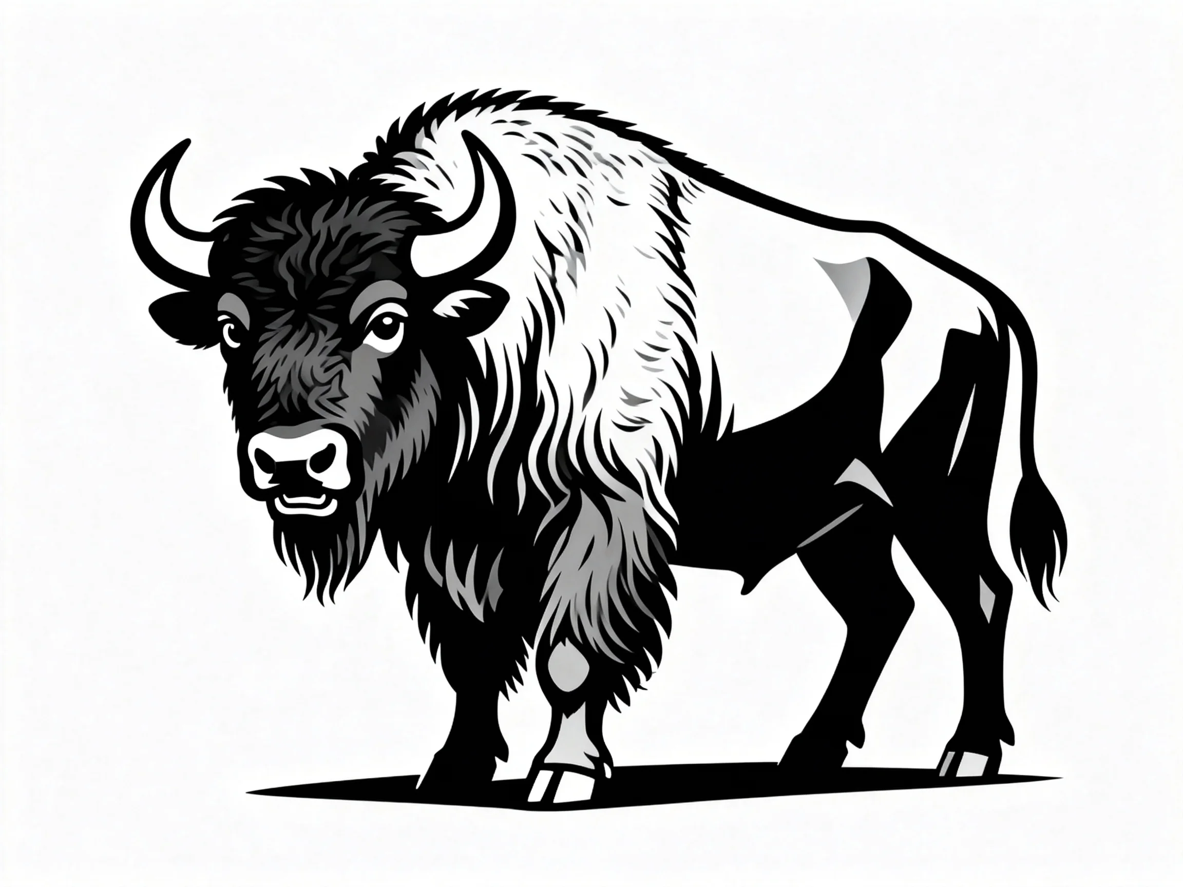 A bold black-and-white stylized American bison illustration with prominent horns