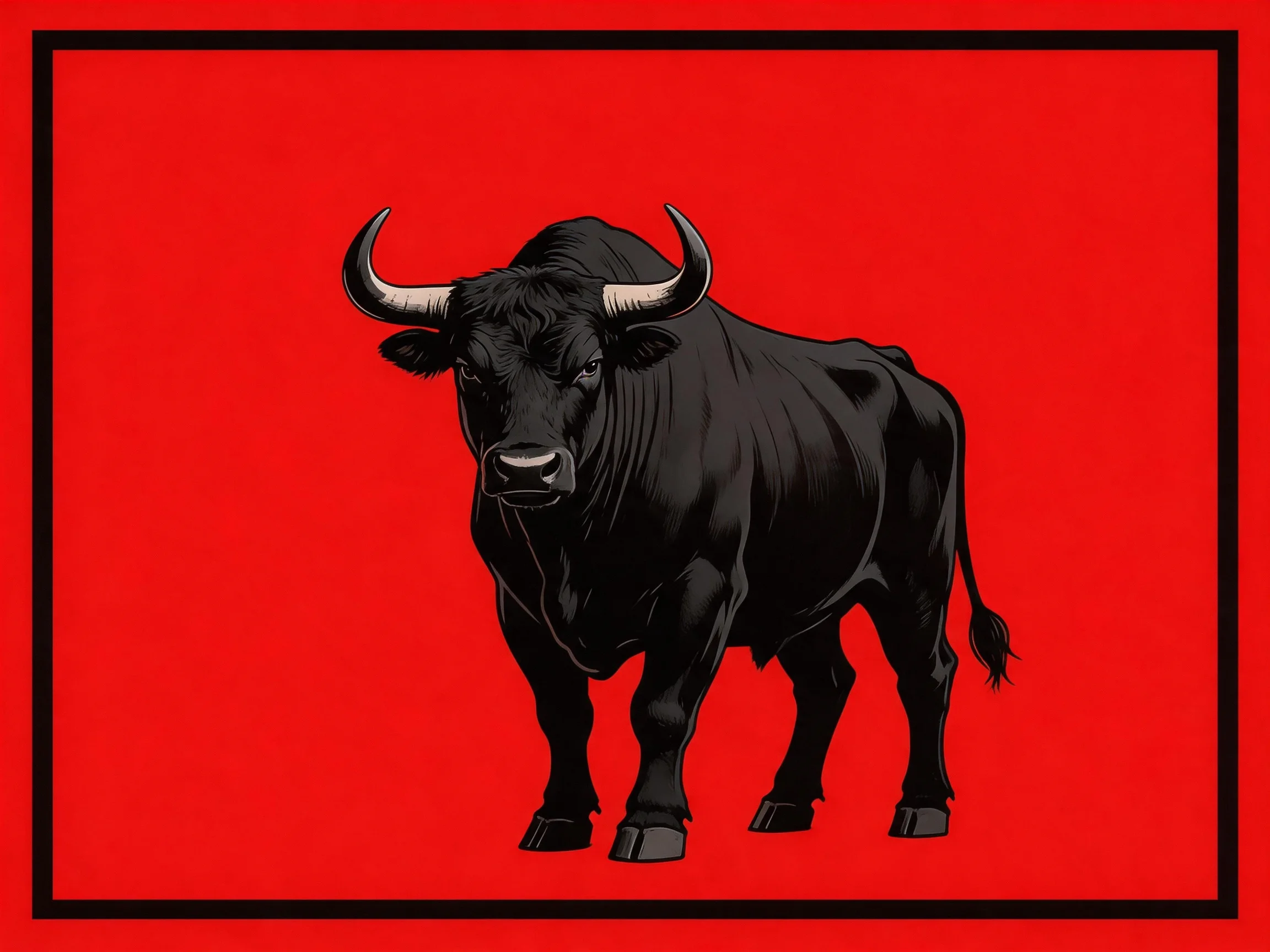 A bold black bull centered on a vivid red backdrop with a black frame