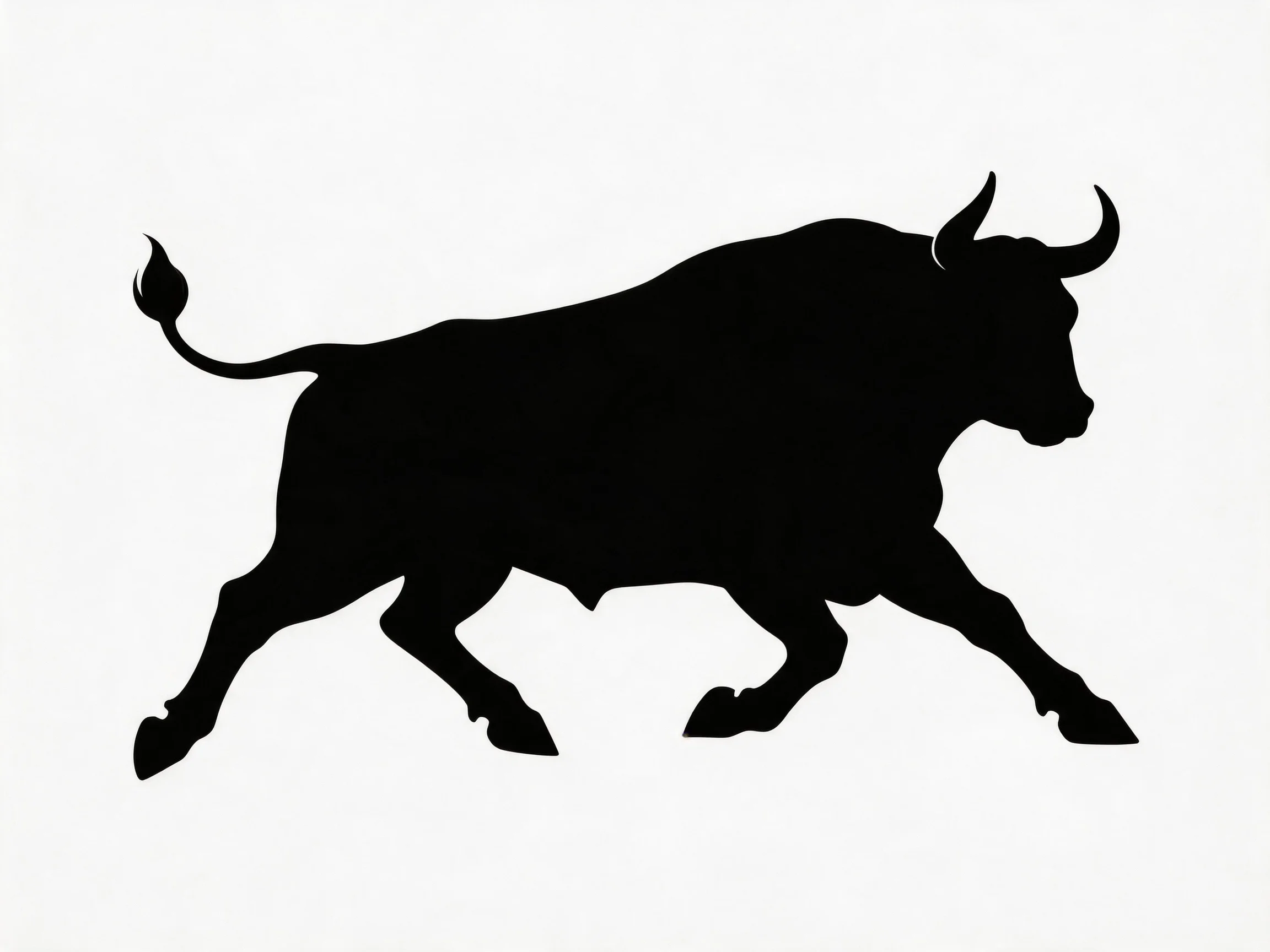 A bold black silhouette of a charging bull with curved horns