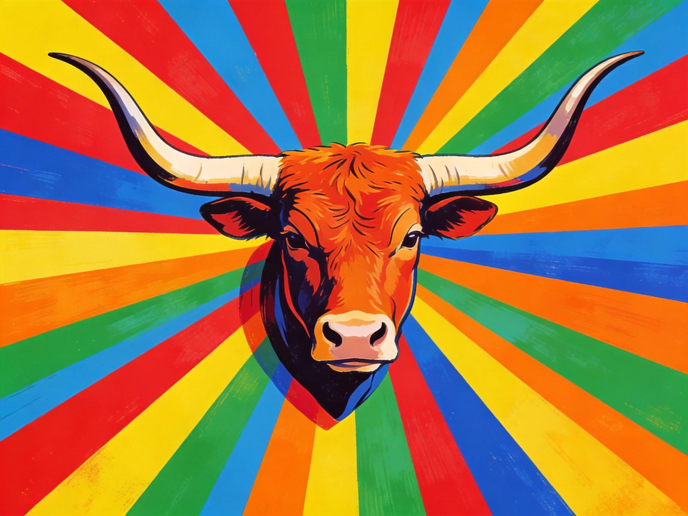 A bold brown bull head with vibrant multicolor radial stripes