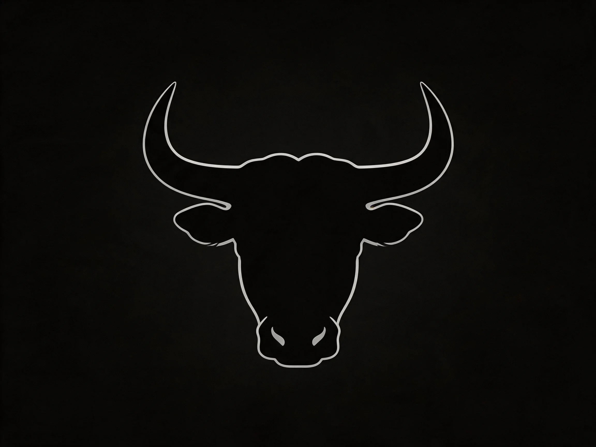 A bold minimalist white bull head silhouette against a solid black backdrop