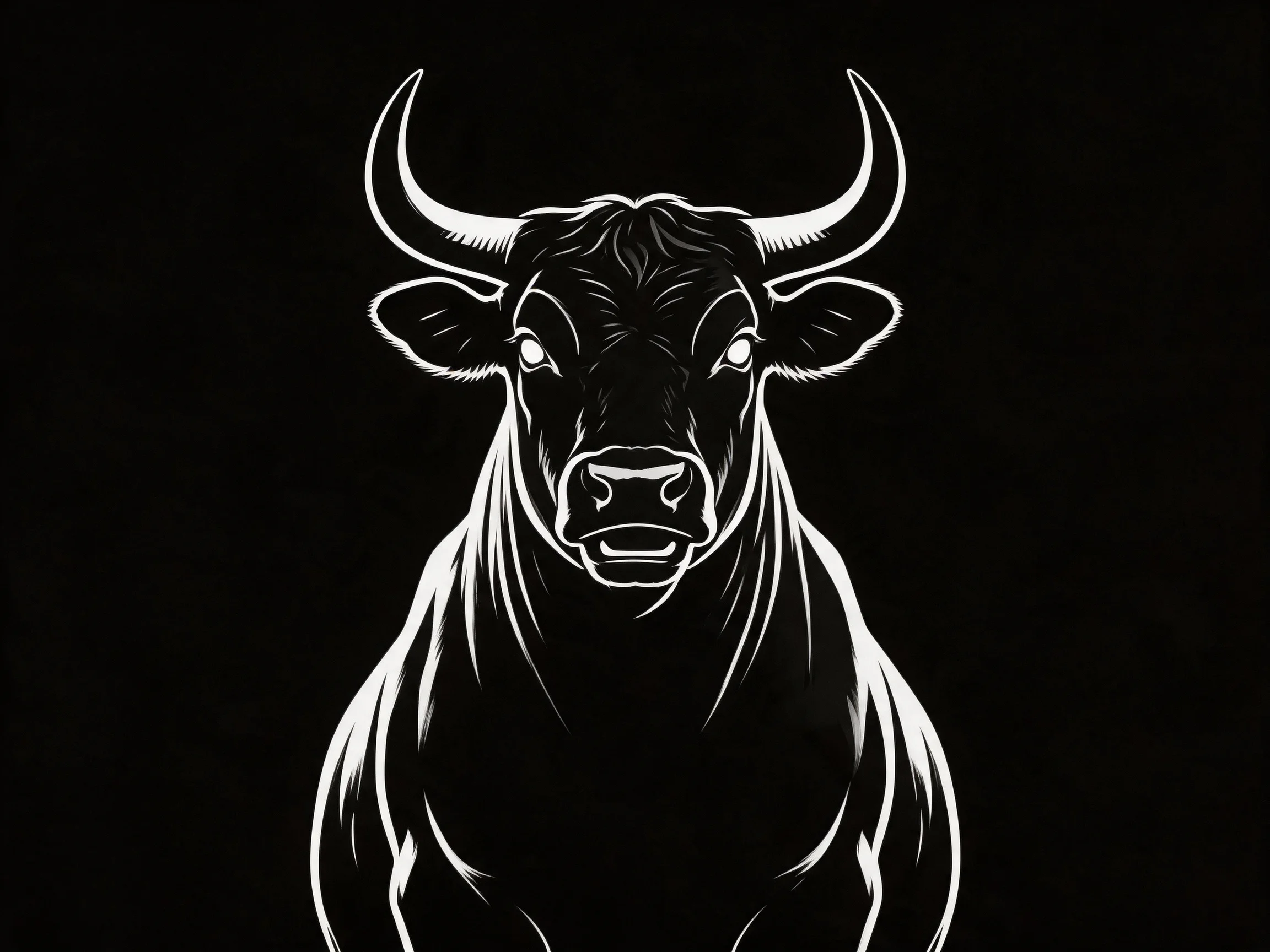 A bold monochrome illustration of a muscular bull with prominent curved horns